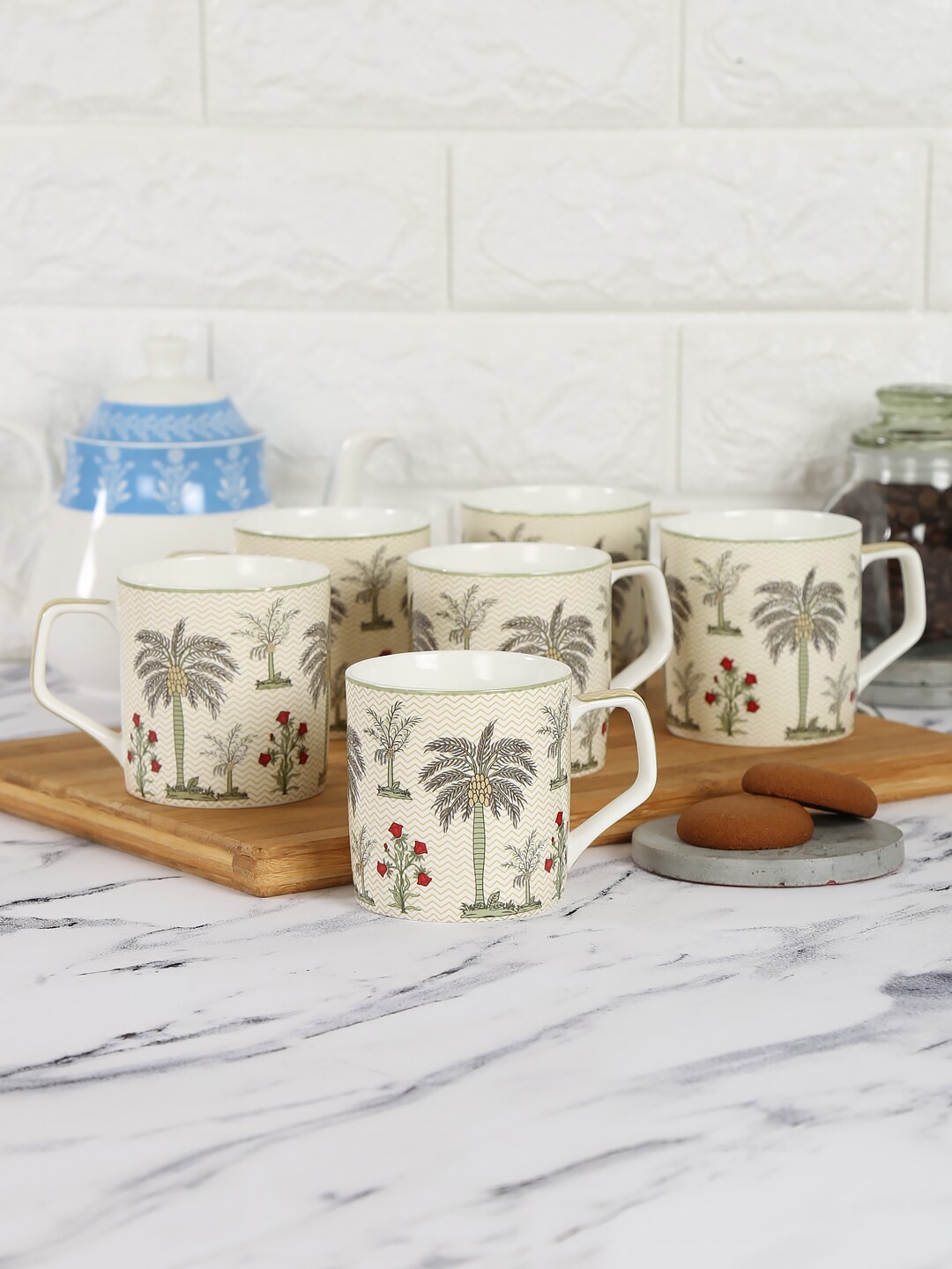 

India Circus by Krsnaa Mehta White & Green 6 Pieces Chevron Palms Mug Set