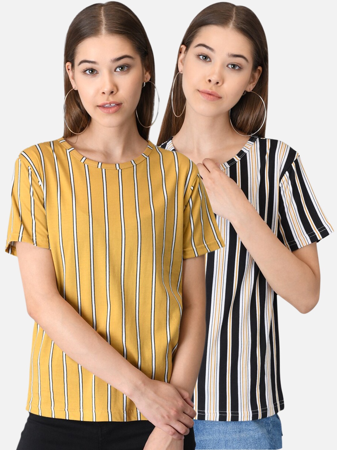 

Kotty Women Pack Of 2 Striped Round Neck T-shirts, Mustard