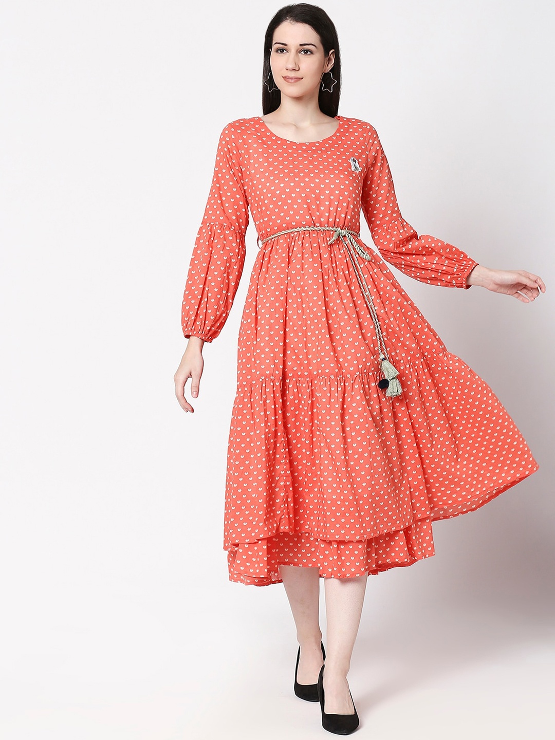 

TERQUOIS Women Orange Printed Fit and Flare Dress
