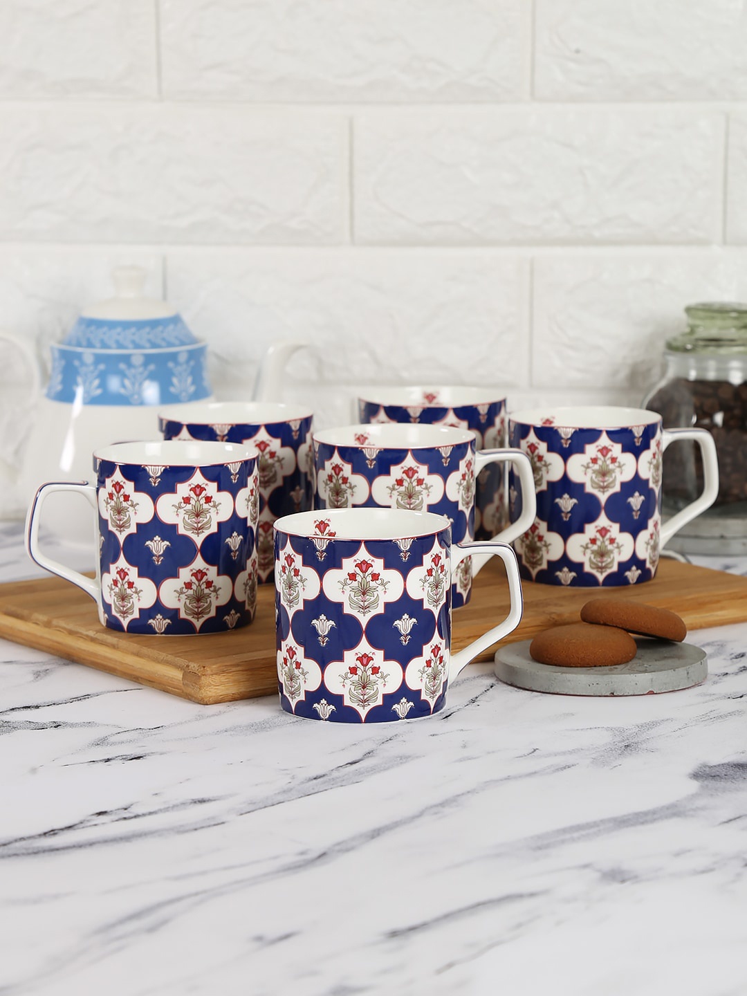 India Circus by Krsnaa Mehta Set Of 6 Lattice Treasures Mugs, Blue