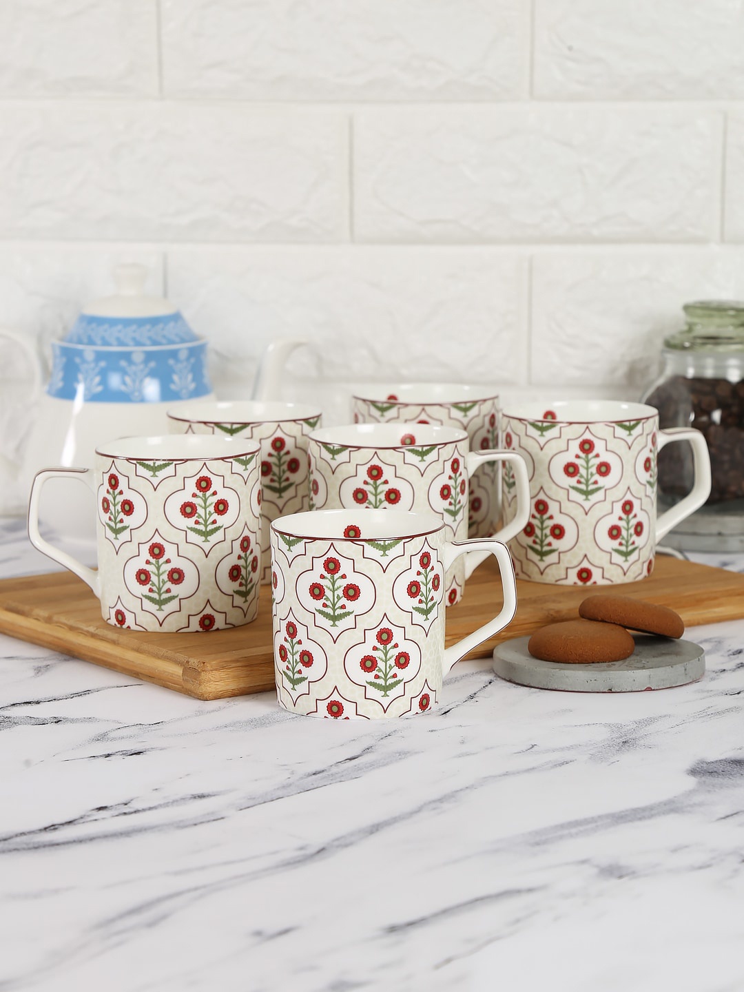 

India Circus by Krsnaa Mehta Set of 6 Cream-Coloured Printed Bone China Cups Set