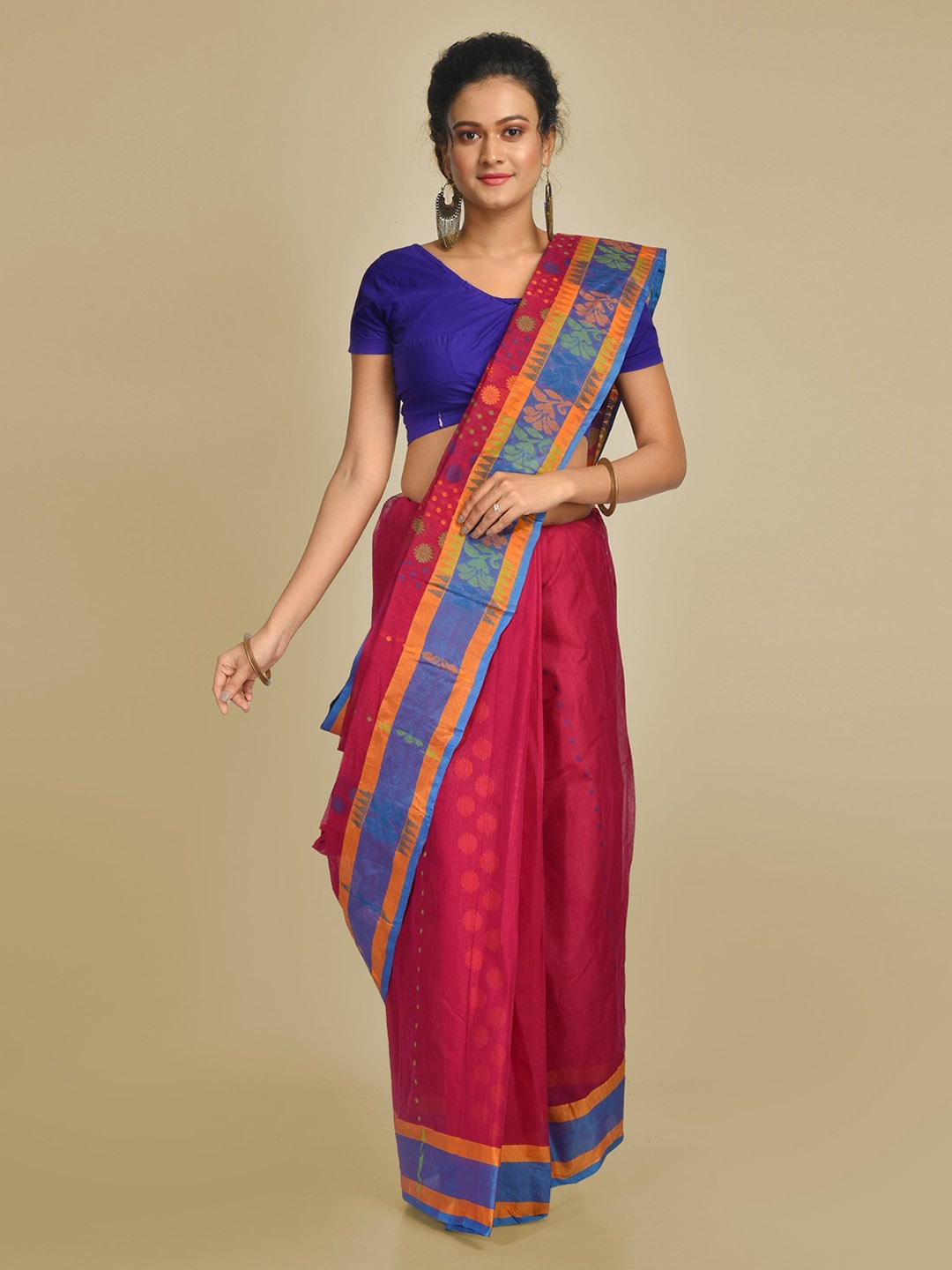 

Mitera Magenta & Blue Pure Cotton Printed Handloom Taant Saree