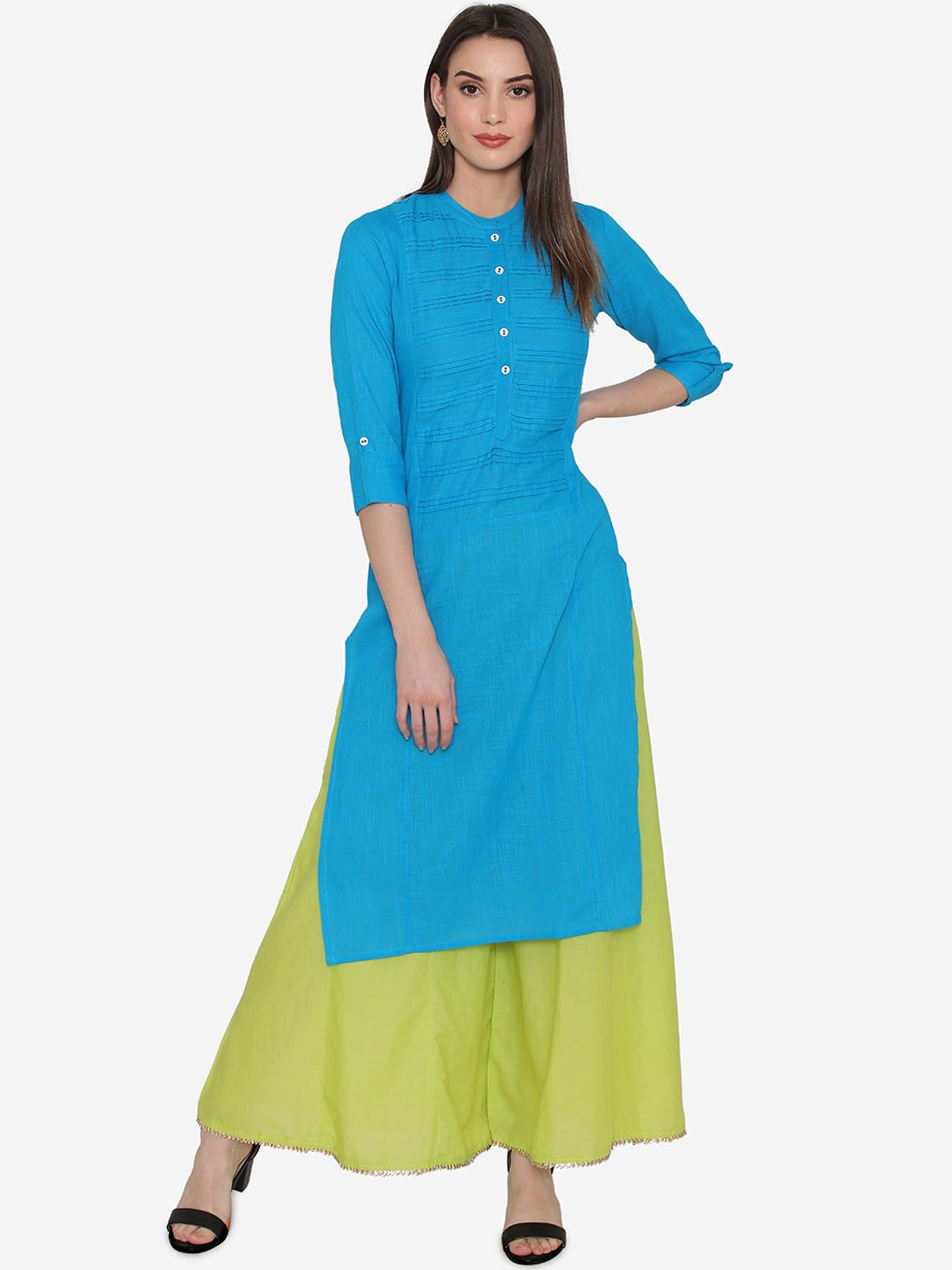 

Kifahari Women Turquoise Blue & Fluorescent Green Solid Kurta with Palazzos