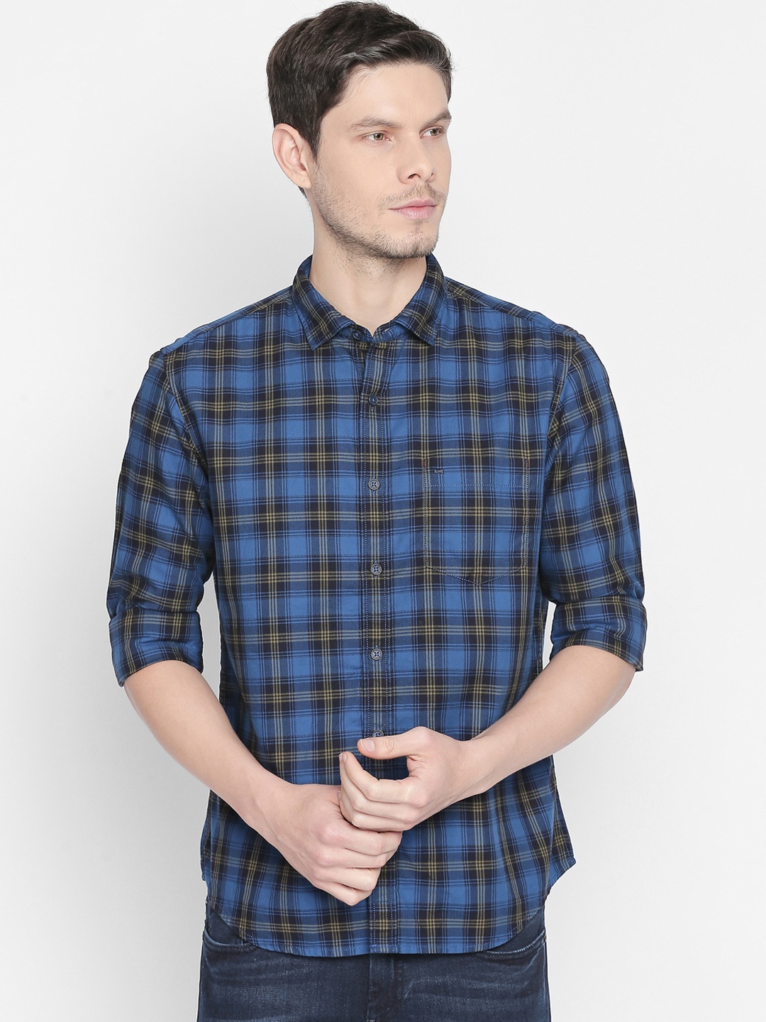 

Basics Men Blue & Green Slim Fit Checked Casual Shirt