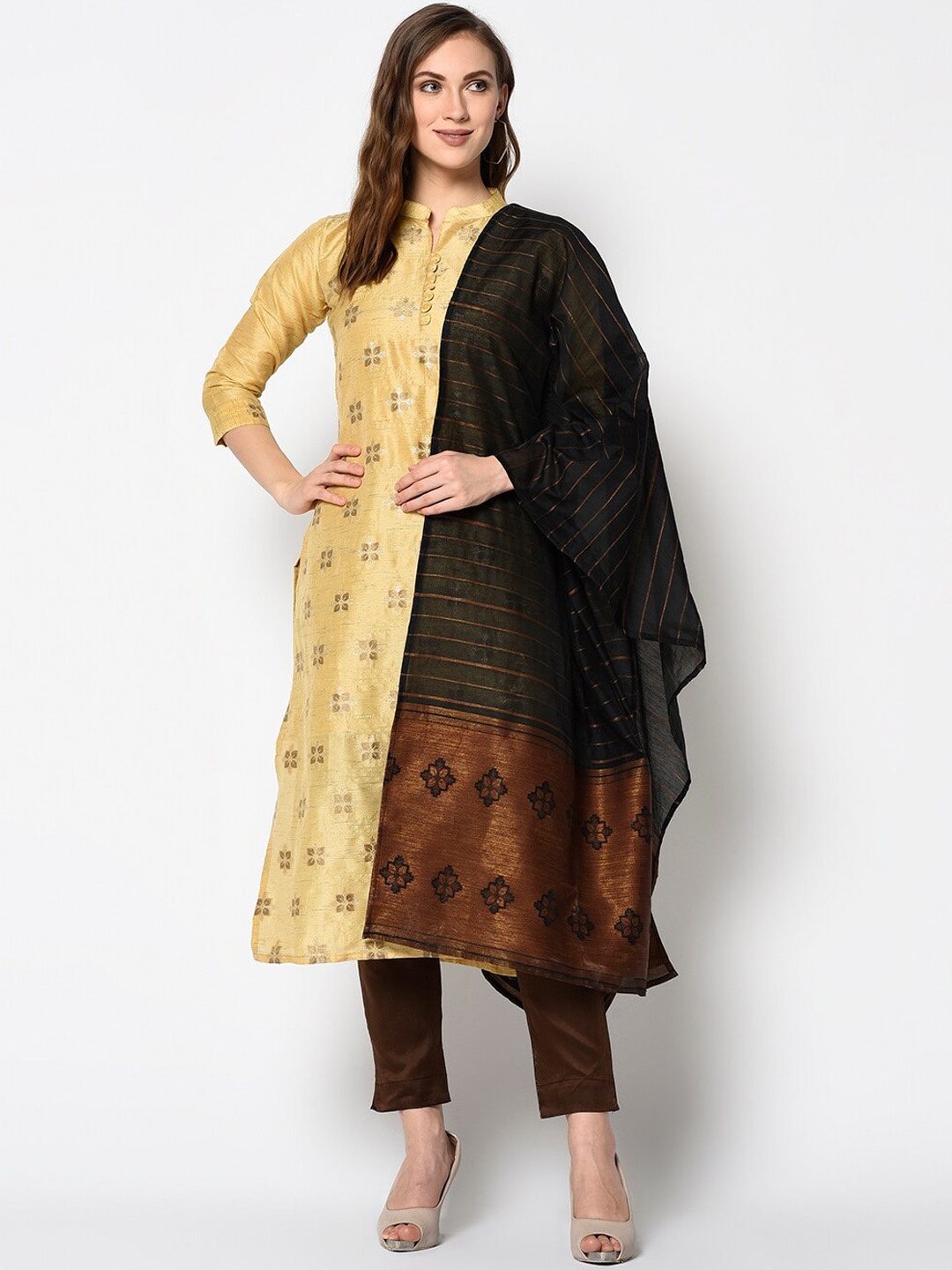 

DIVASTRI Yellow & Brown Silk Blend Unstitched Dress Material