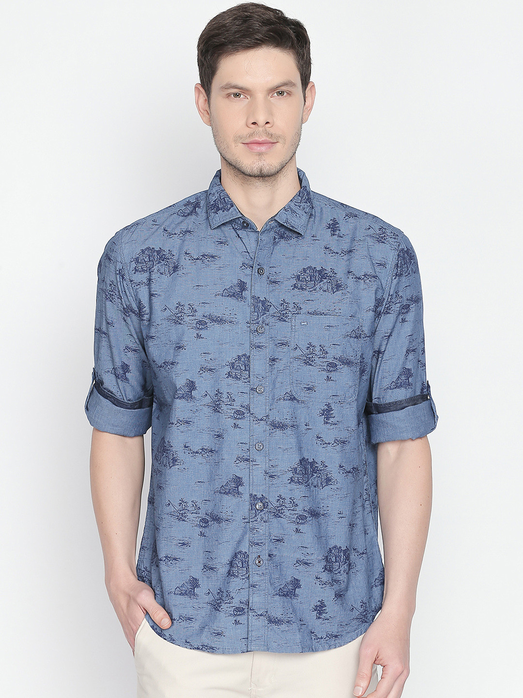 

Basics Men Blue Slim Fit Printed Casual Shirt