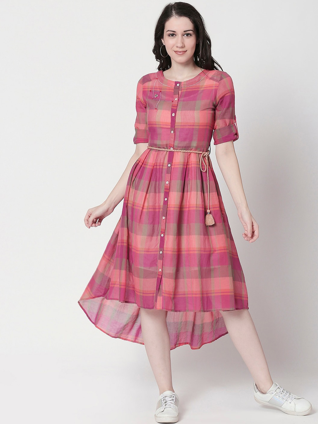 

TERQUOIS Pink Checked Pure Cotton Fit and Flare Dress