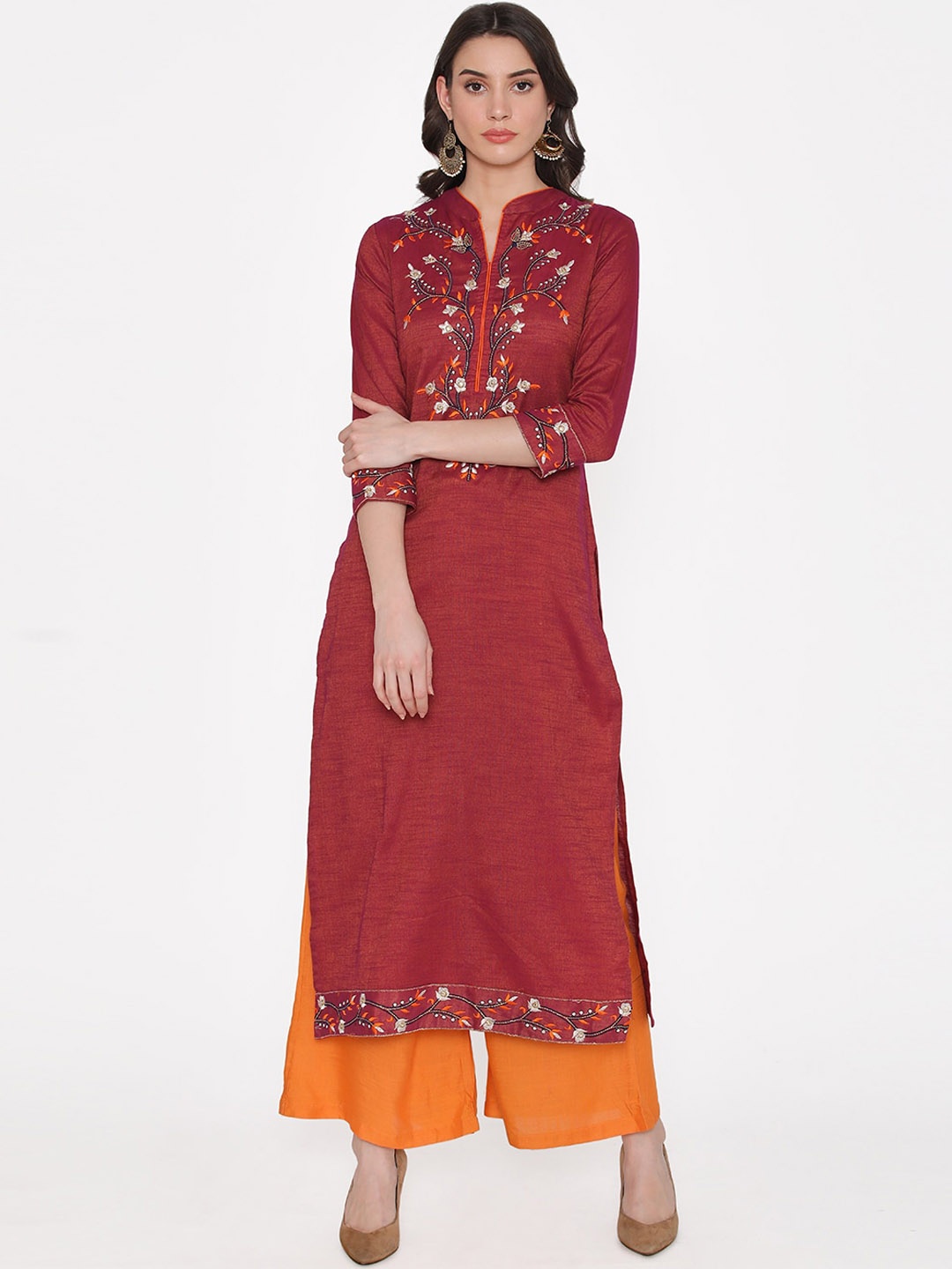 

Kifahari Women Maroon & Orange Embroidered Kurta with Palazzos