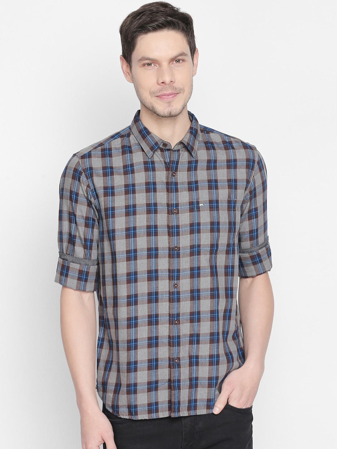 

Basics Men Taupe & Brown Slim Fit Checked Casual Shirt