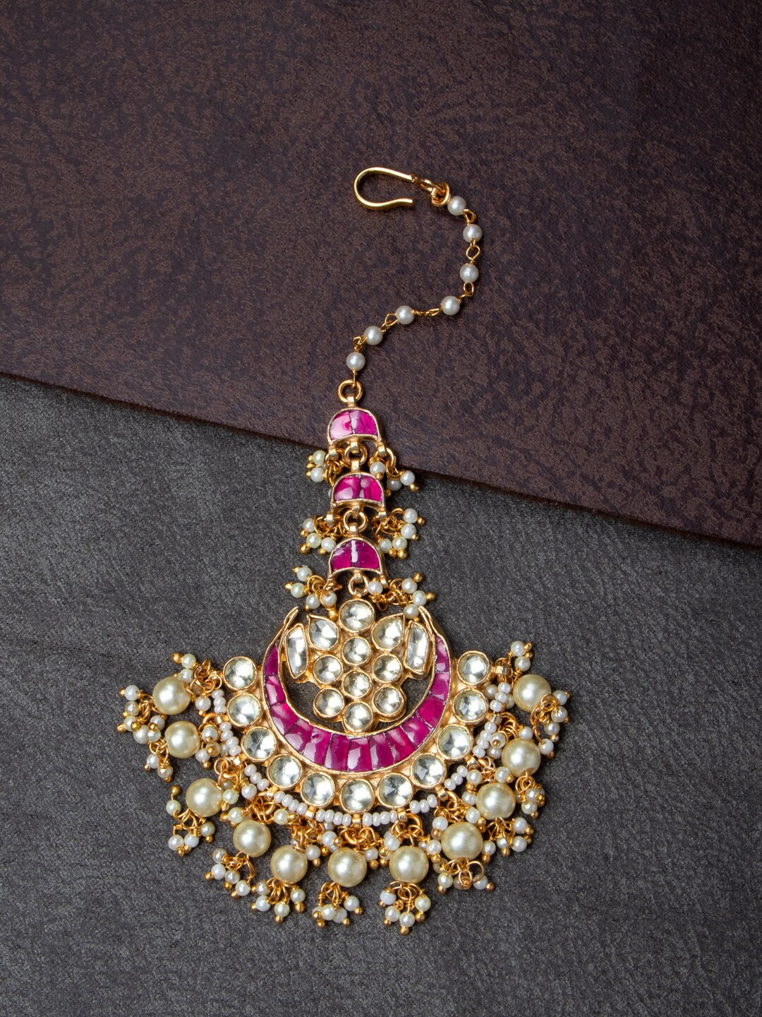 

MORKANTH JEWELLERY Gold-Plated Pink & White Kundan-Studded Beaded Maang Tikka