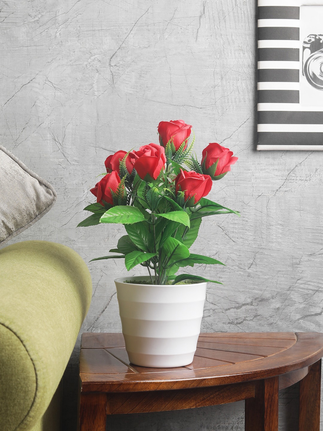 

FOLIYAJ Green & Red Artifical Rose Flower Plant With White Pot