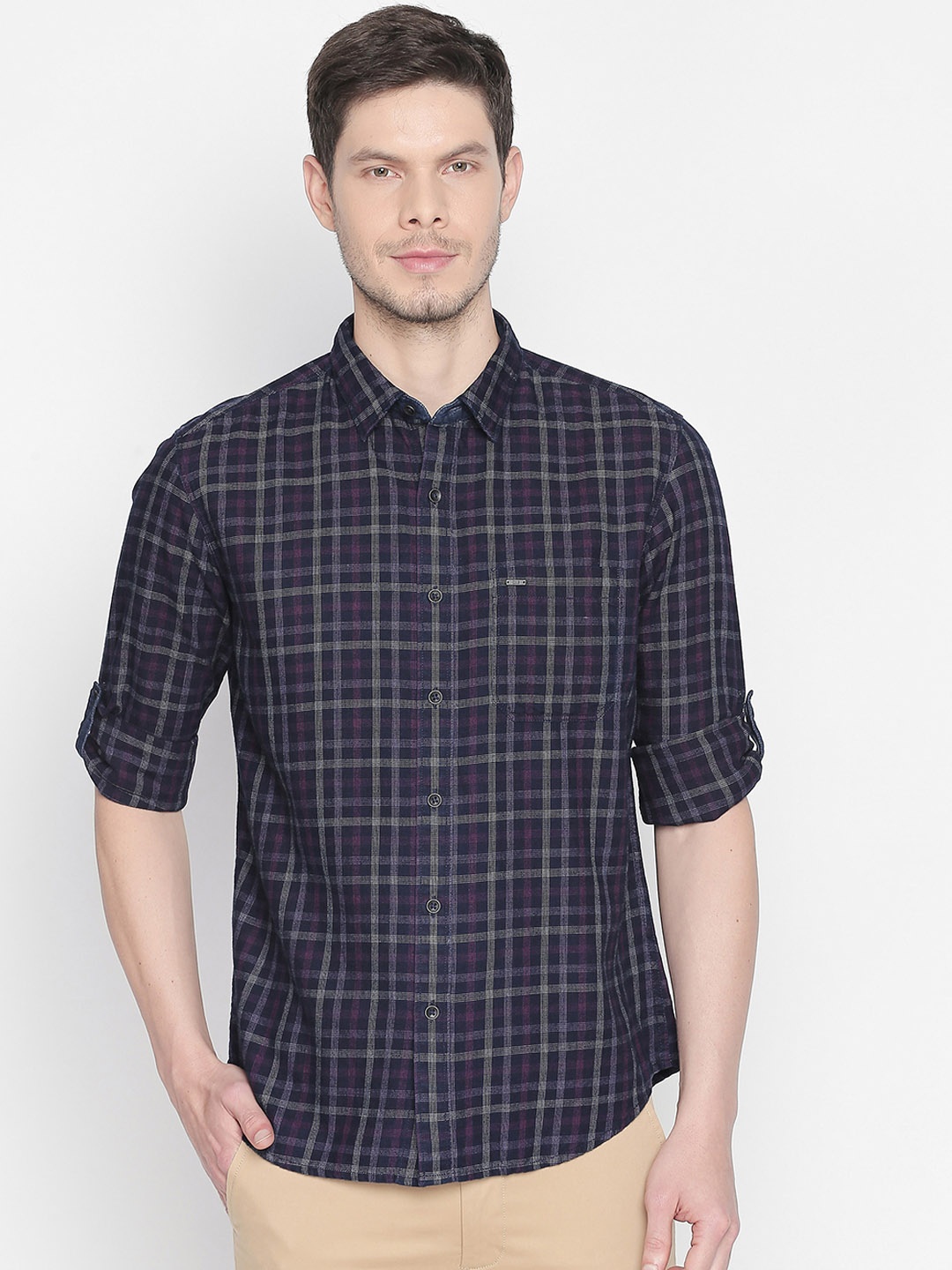 

Basics Men Purple & Pink Slim Fit Checked Casual Shirt