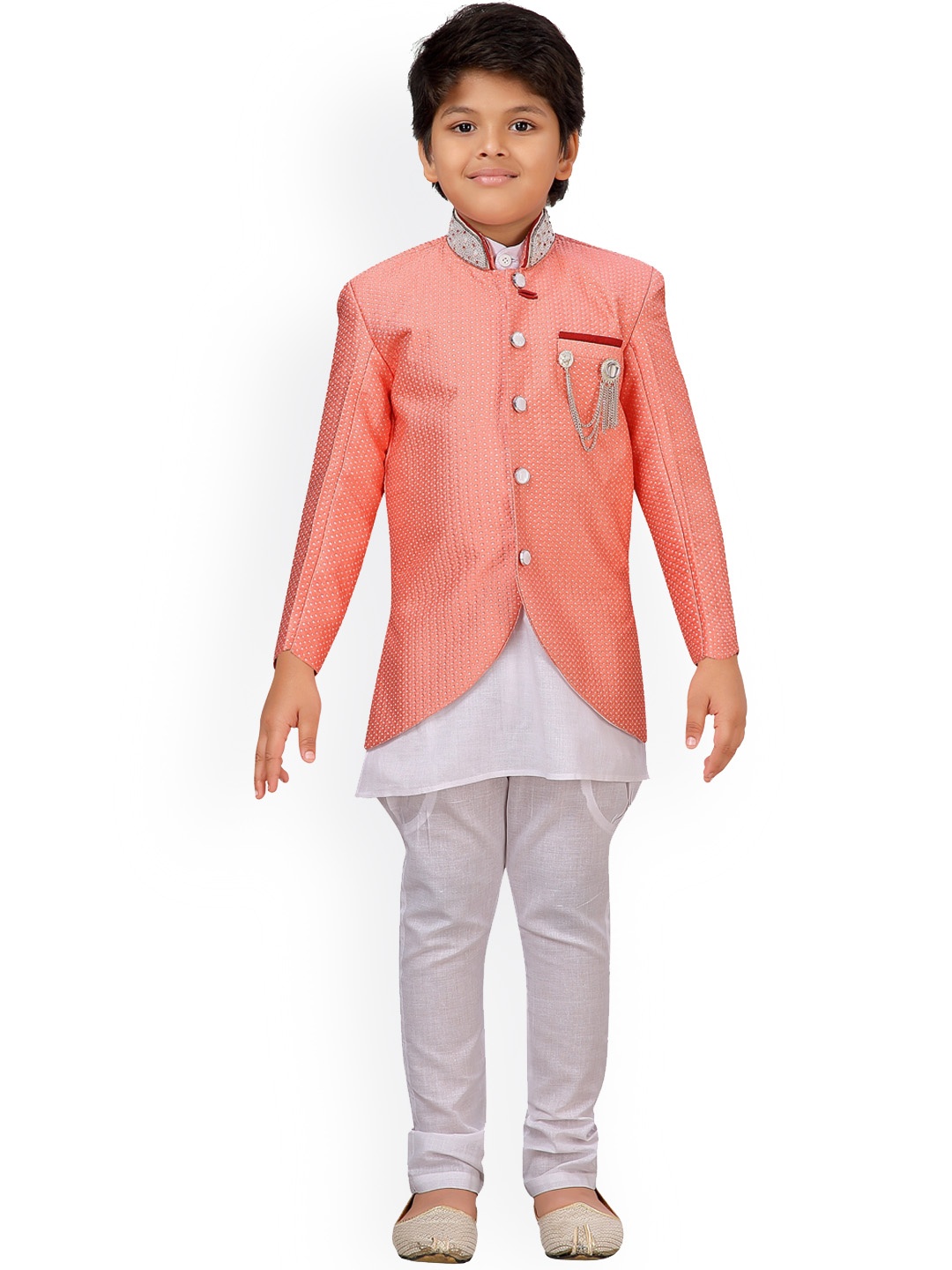 

Aj DEZInES Boys Peach-Coloured & White Woven Design Sherwani Set