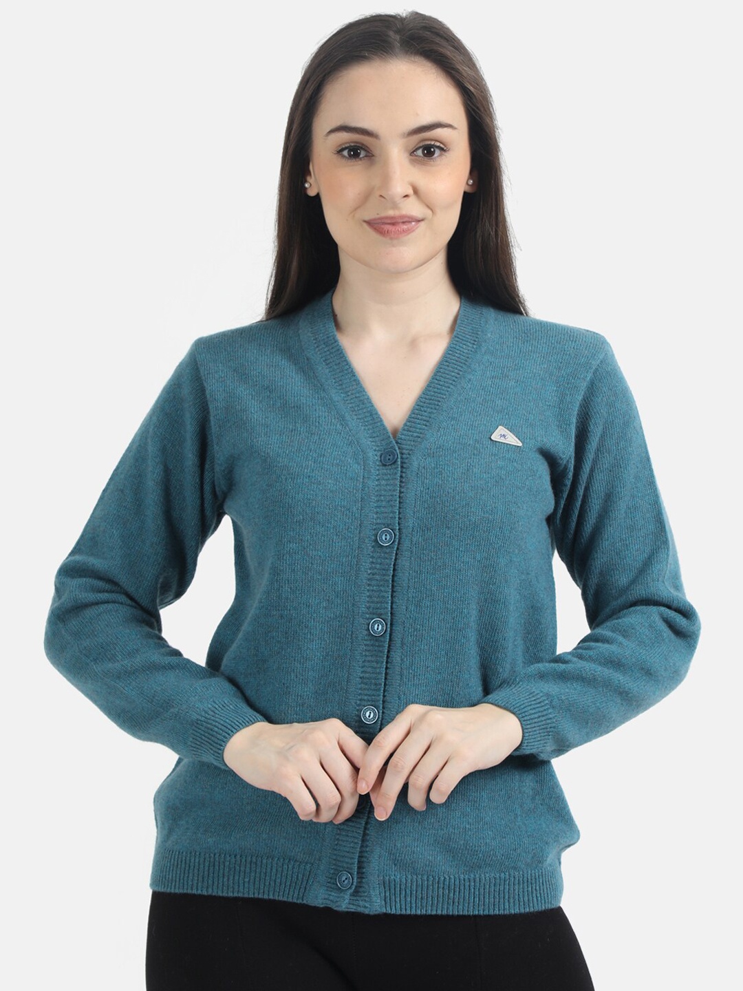 

Monte Carlo Women Teal Green Solid Woolen Cardigan Sweater