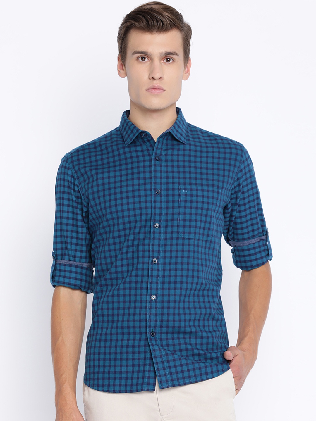 

Basics Men Blue Slim Fit Checked Casual Shirt