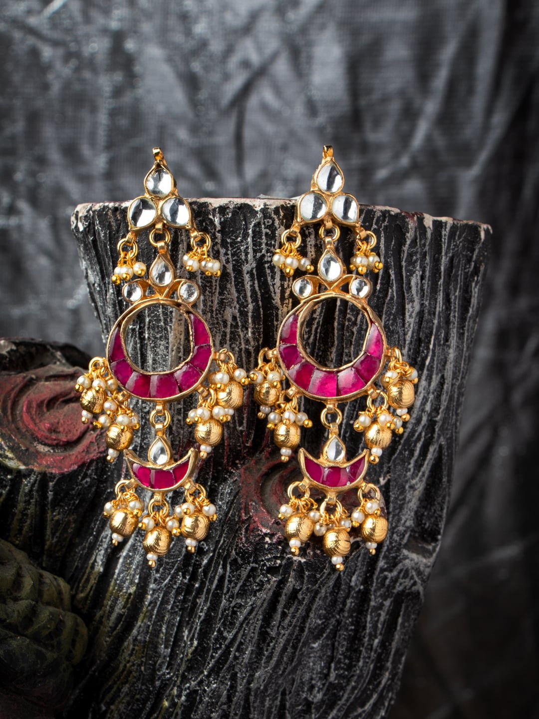 

MORKANTH JEWELLERY Pink & Green Gold-Plated Crescent Shaped Jhumkas