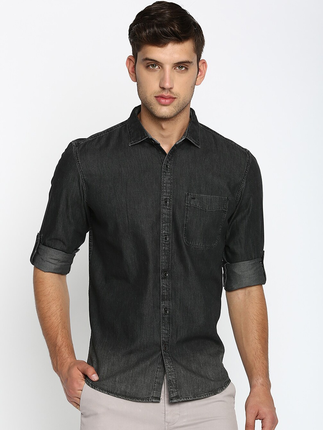 

Basics Men Black Slim Fit Faded Twill Casual Shirt