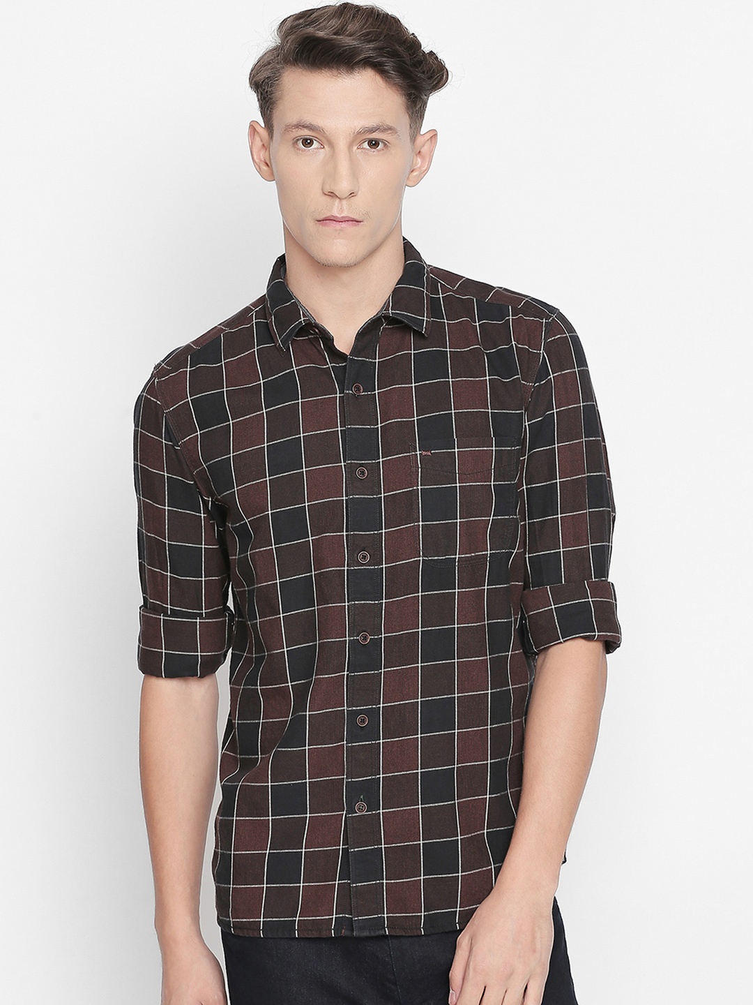 

Basics Men Brown Slim Fit Checked Casual Shirt