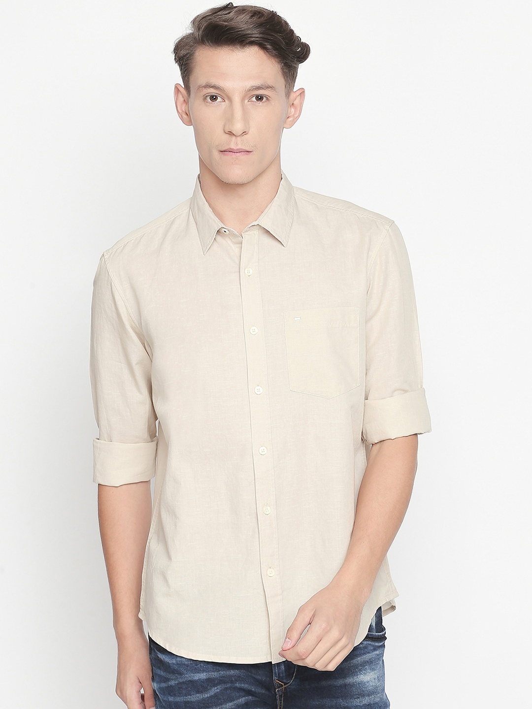 

Basics Men Beige Slim Fit Solid Casual Shirt