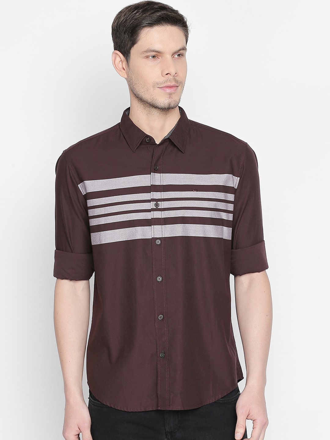 

Basics Men Brown & Off-White Slim Fit Striped Casual Shirt