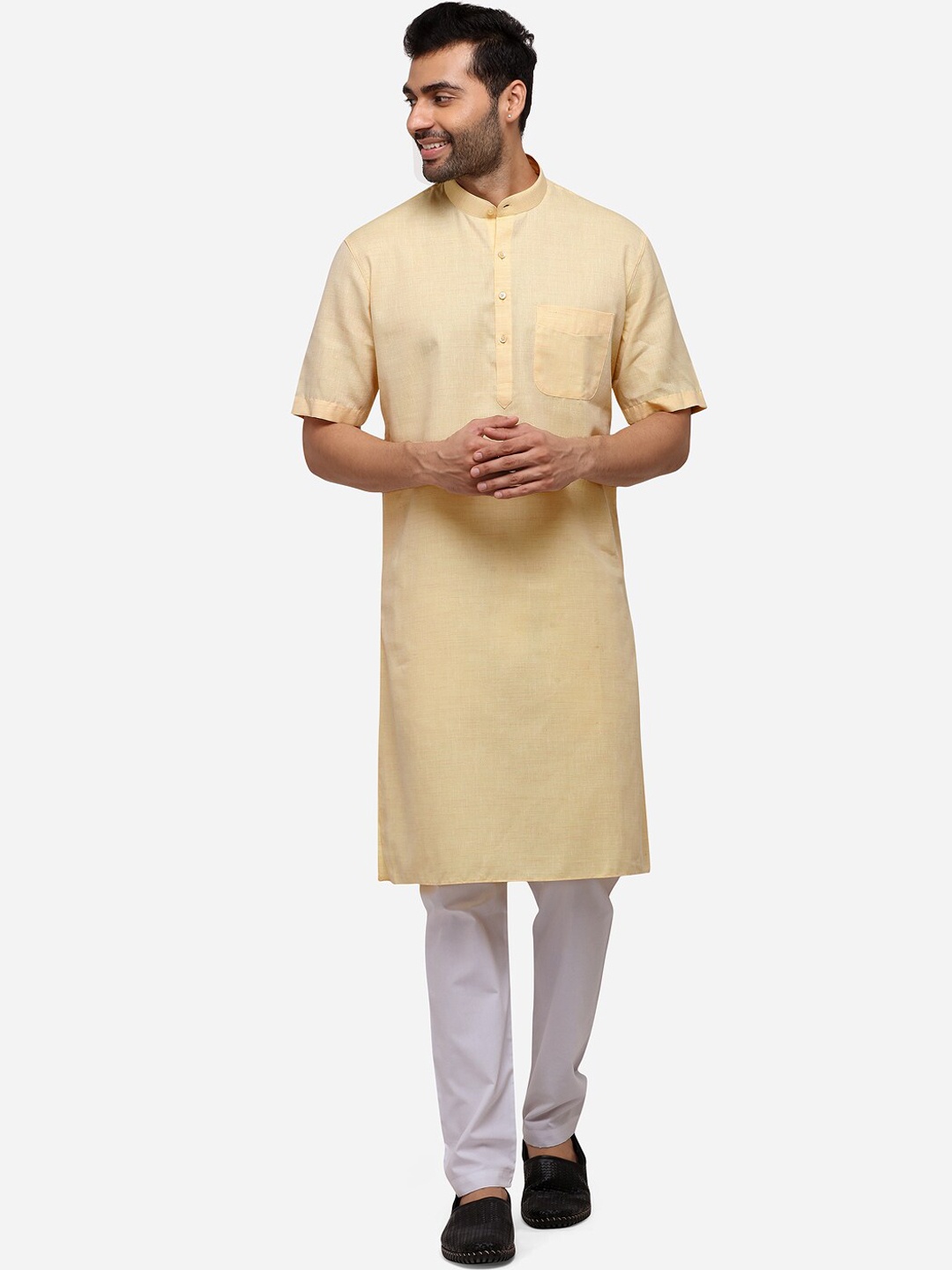 

JADE BLUE Men Beige Solid Straight Modi Kurta