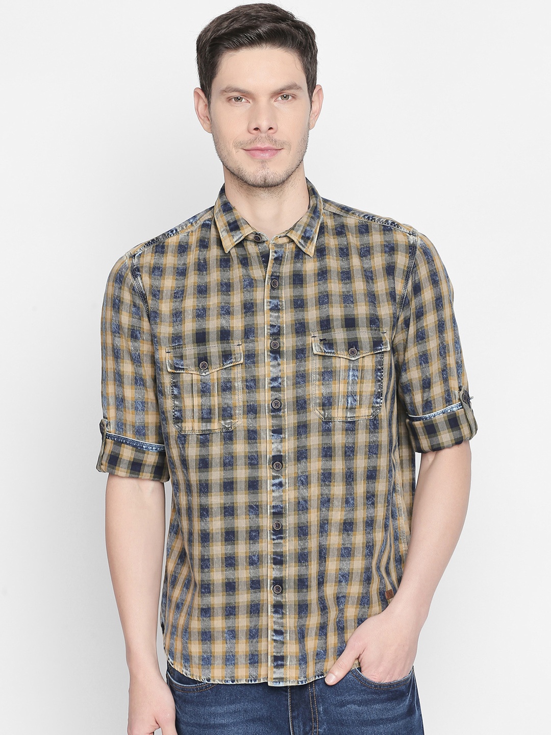 

Basics Men Beige & Navy Blue Slim Fit Checked Casual Shirt