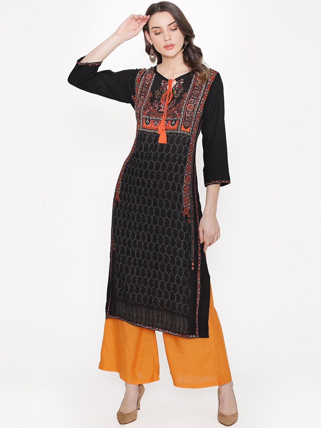 

Kifahari Women Navy Blue & Orange Printed Kurta with Palazzos