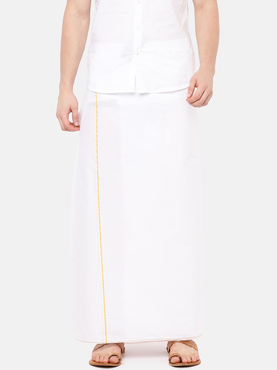 

Ramraj Men White Pure Cotton Single Layer Dhoti with Gold Zari Border