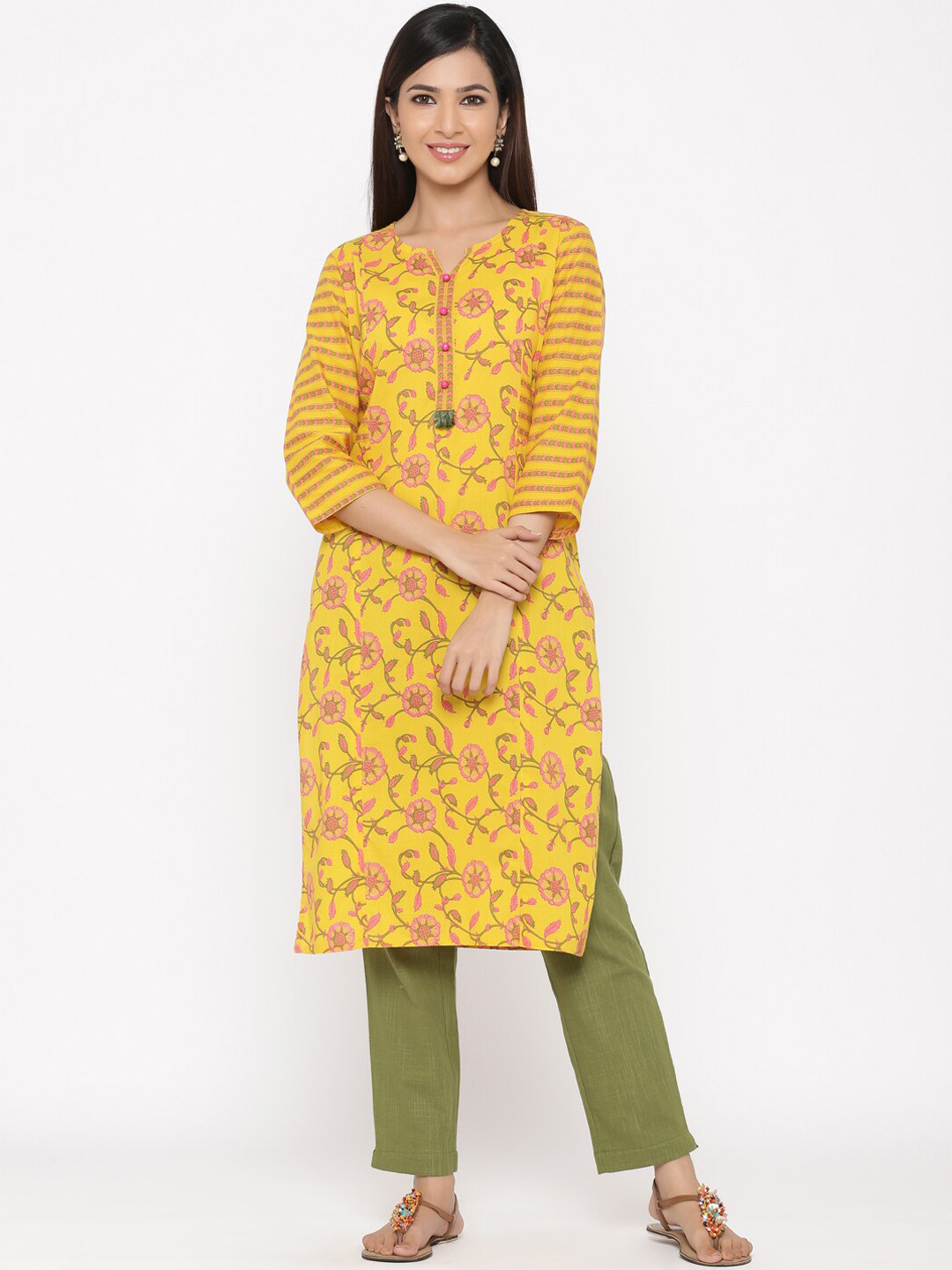 

Jaipur Kurti Women Yellow & Pink Printed Straight Kurta