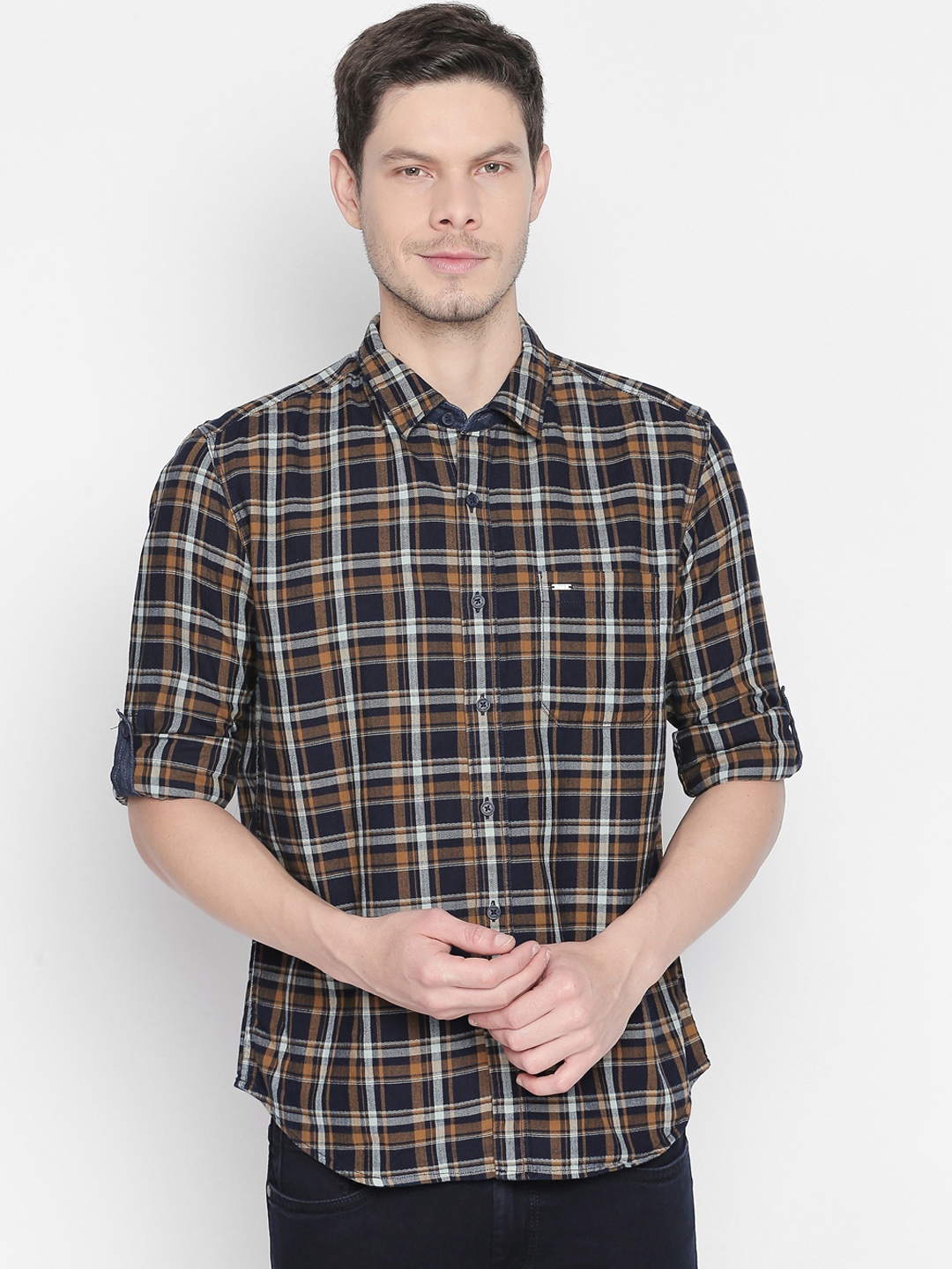 

Basics Men Brown Slim Fit Checked Casual Shirt