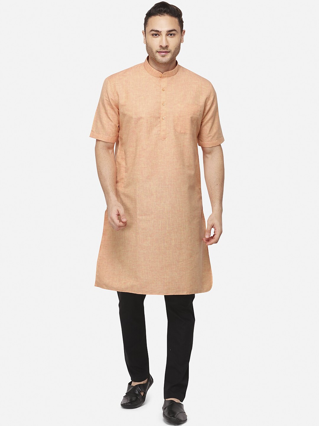 

JADE BLUE Men Coral Orange Solid Straight Modi Kurta