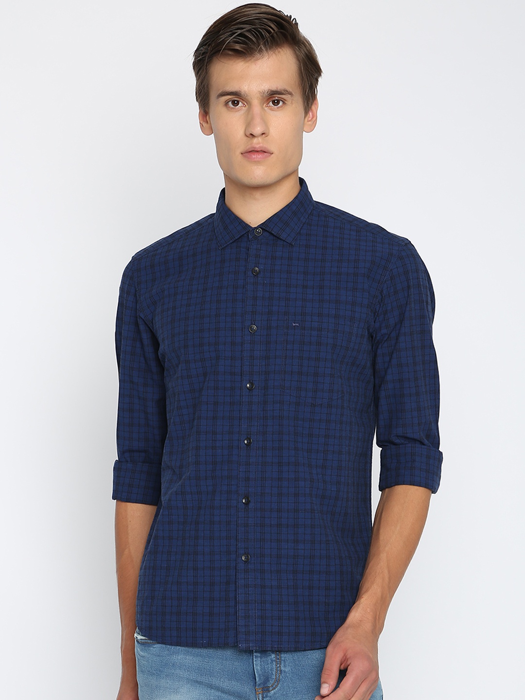 

Basics Men Navy Blue & Black Slim Fit Checked Casual Shirt