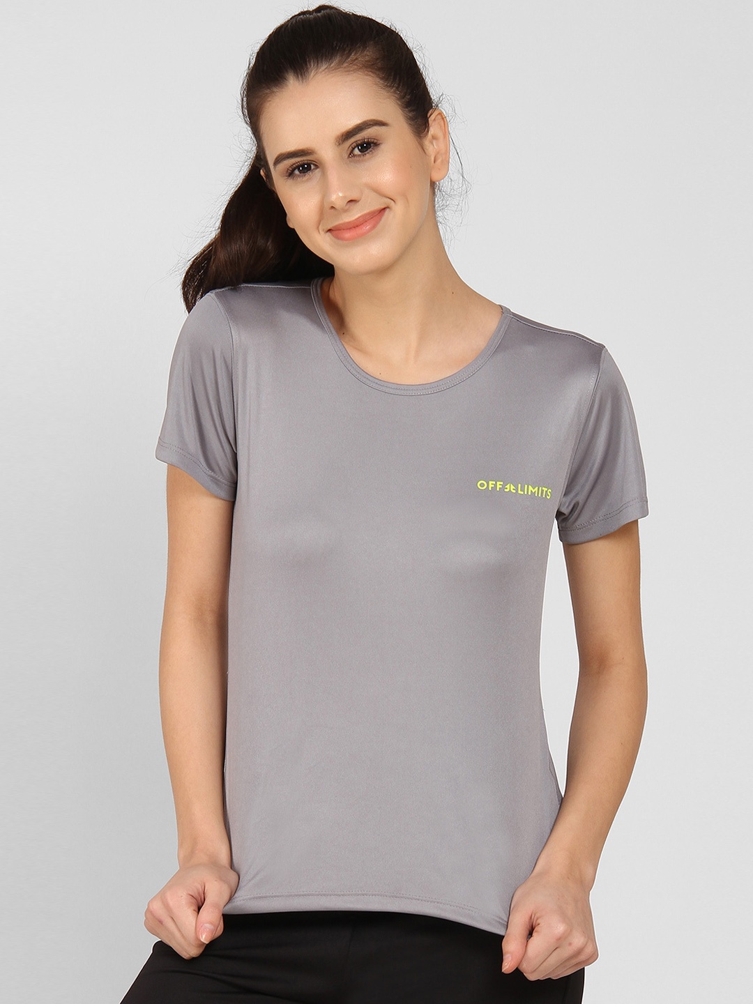 

OFF LIMITS Women Grey Solid Round Neck T-shirt