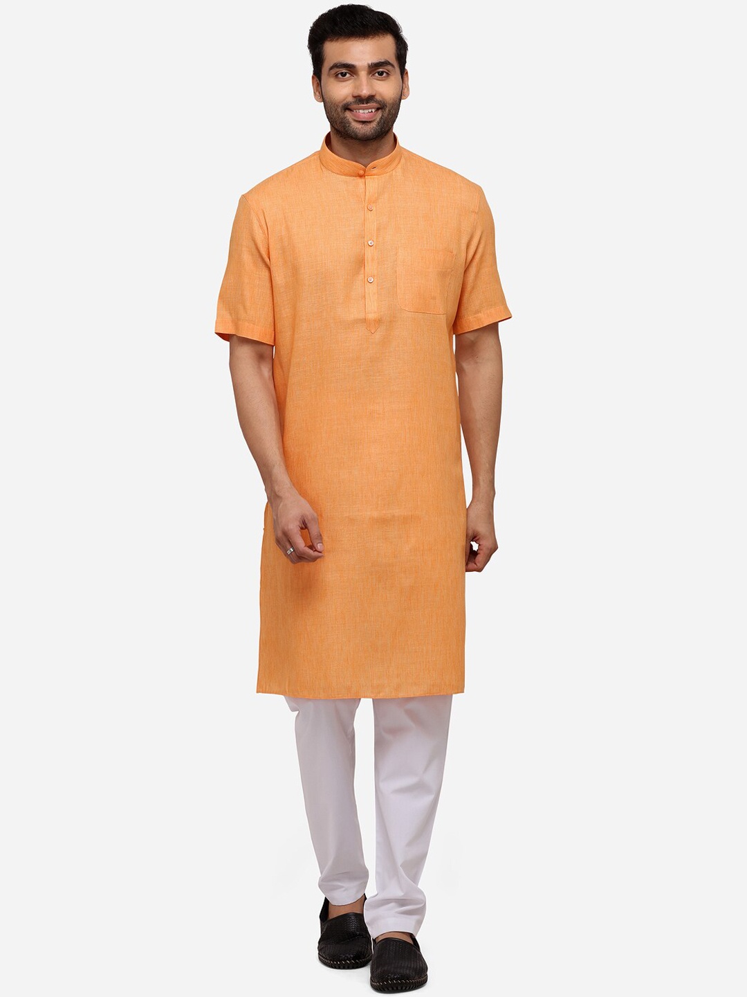JADE BLUE Men Orange Solid Straight Modi Kurta