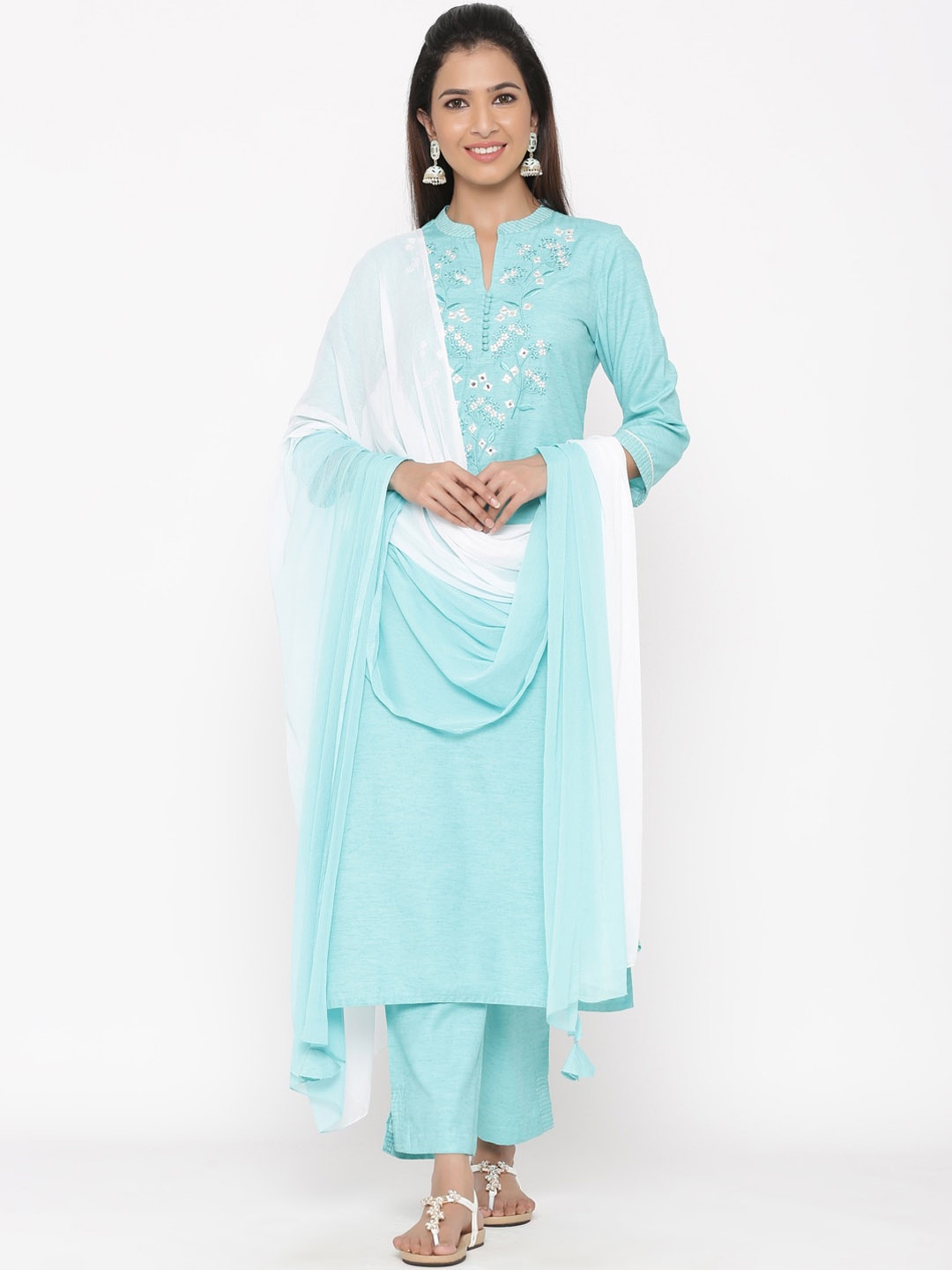 

Jaipur Kurti Women Blue & White Yoke Design Kurta with Palazzos & Dupatta