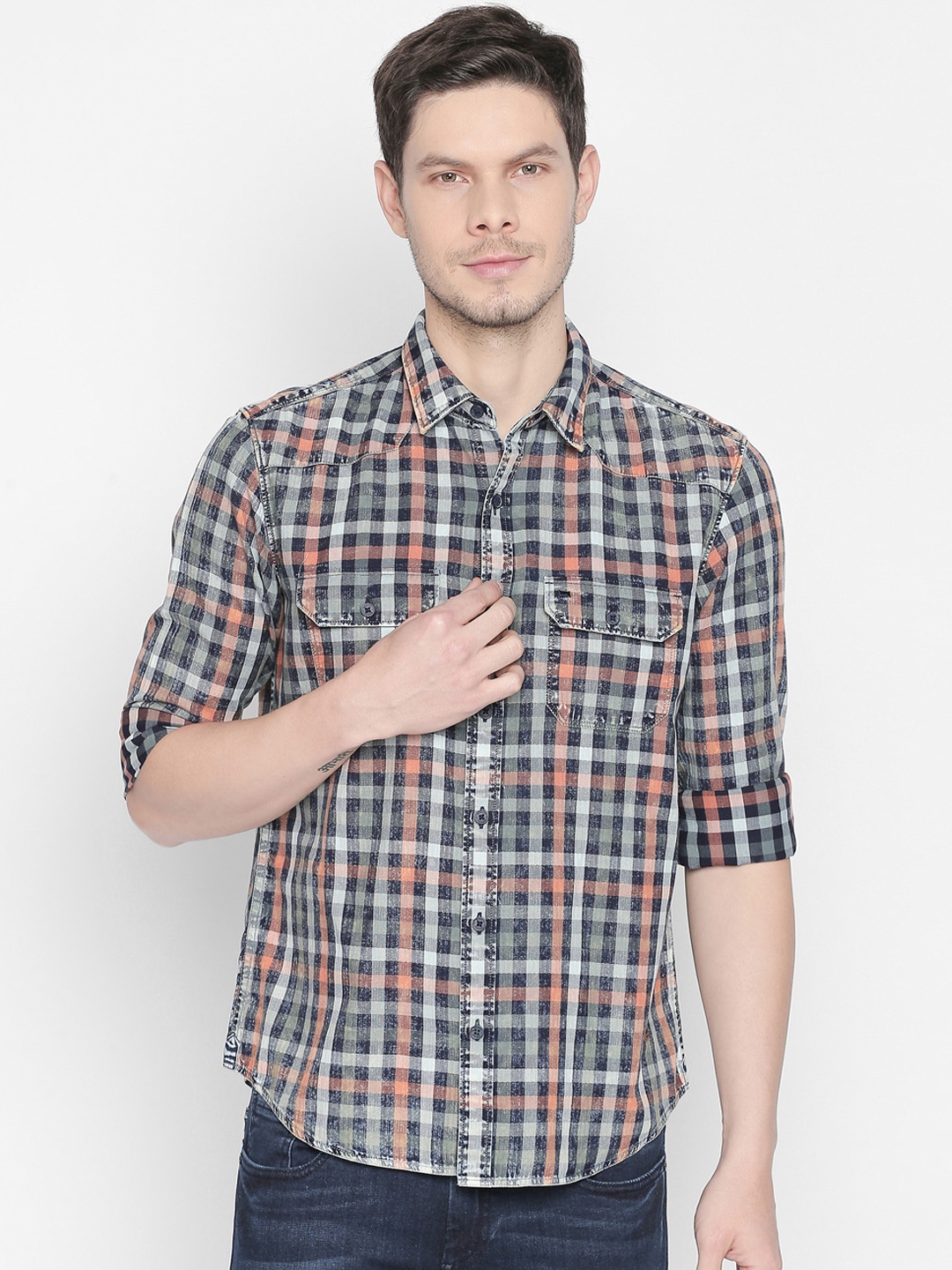 

Basics Men Orange & Blue Slim Fit Checked Casual Shirt