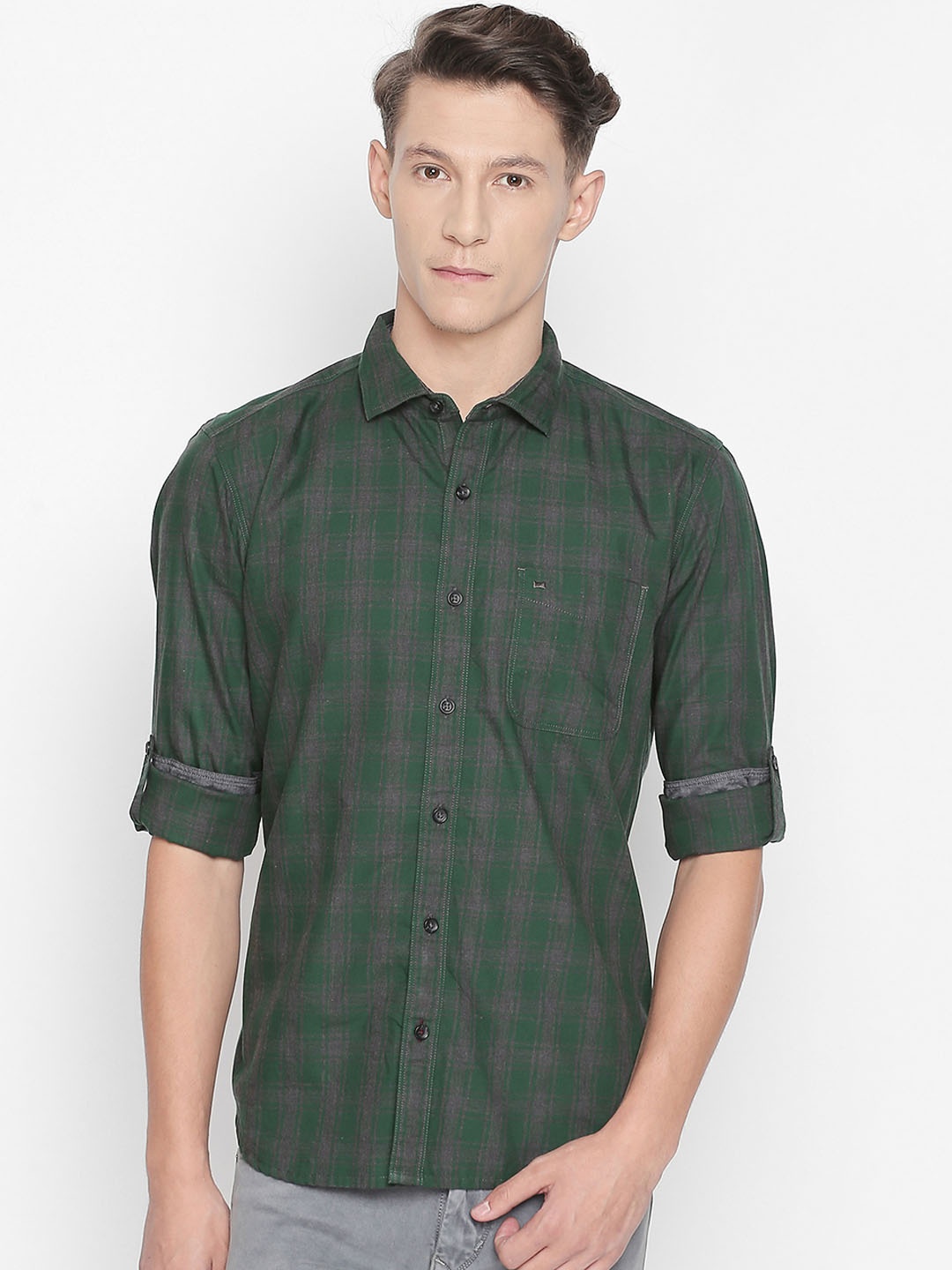 Basics Men Green & Grey Slim Fit Checked Casual Shirt