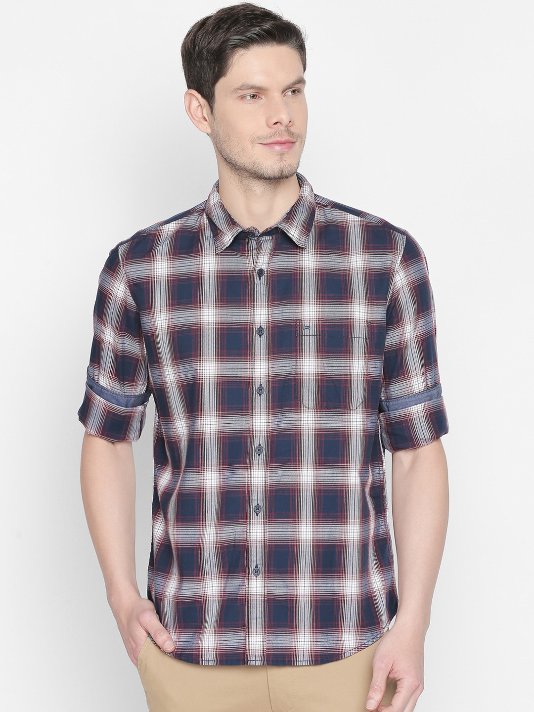 

Basics Men Red & Blue Slim Fit Checked Casual Shirt