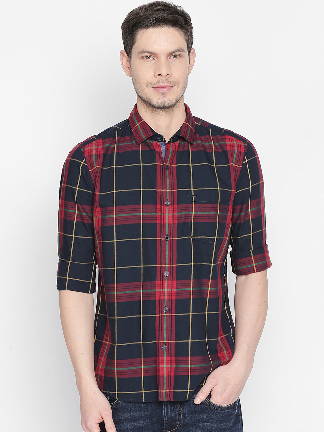 

Basics Men Red & Black Slim Fit Checked Casual Shirt