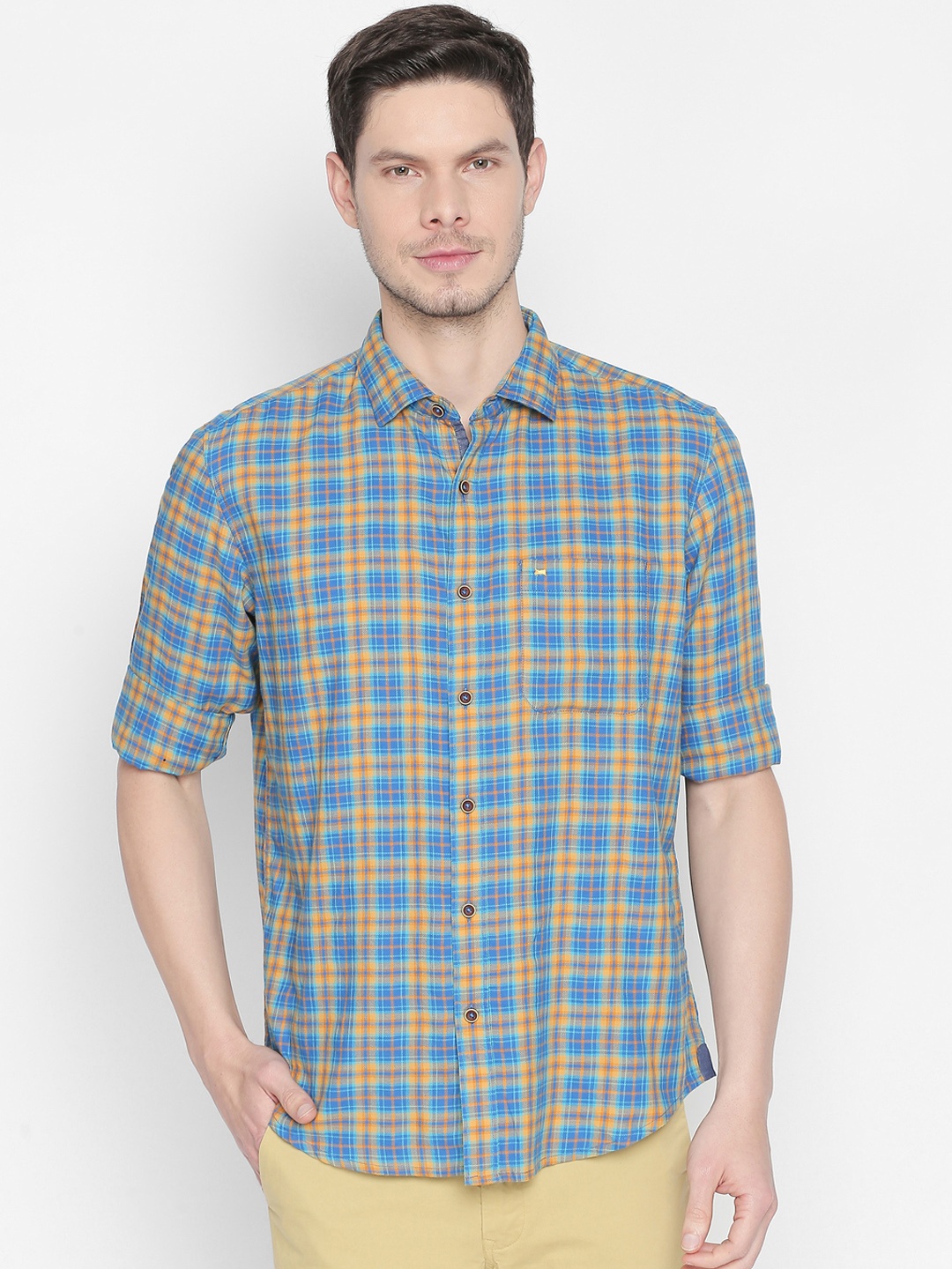 

Basics Men Yellow & Blue Slim Fit Checked Casual Shirt