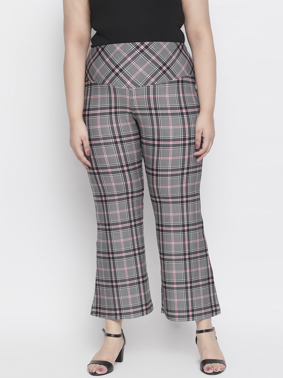 

Amydus Women Plus Size Black & Pink Regular Fit Checked Tummy Shaper Parallel Trousers