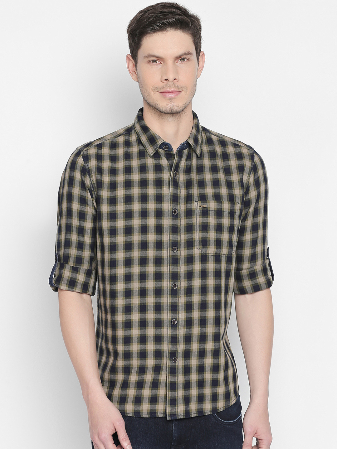 

Basics Men Beige & Navy Blue Slim Fit Checked Casual Shirt