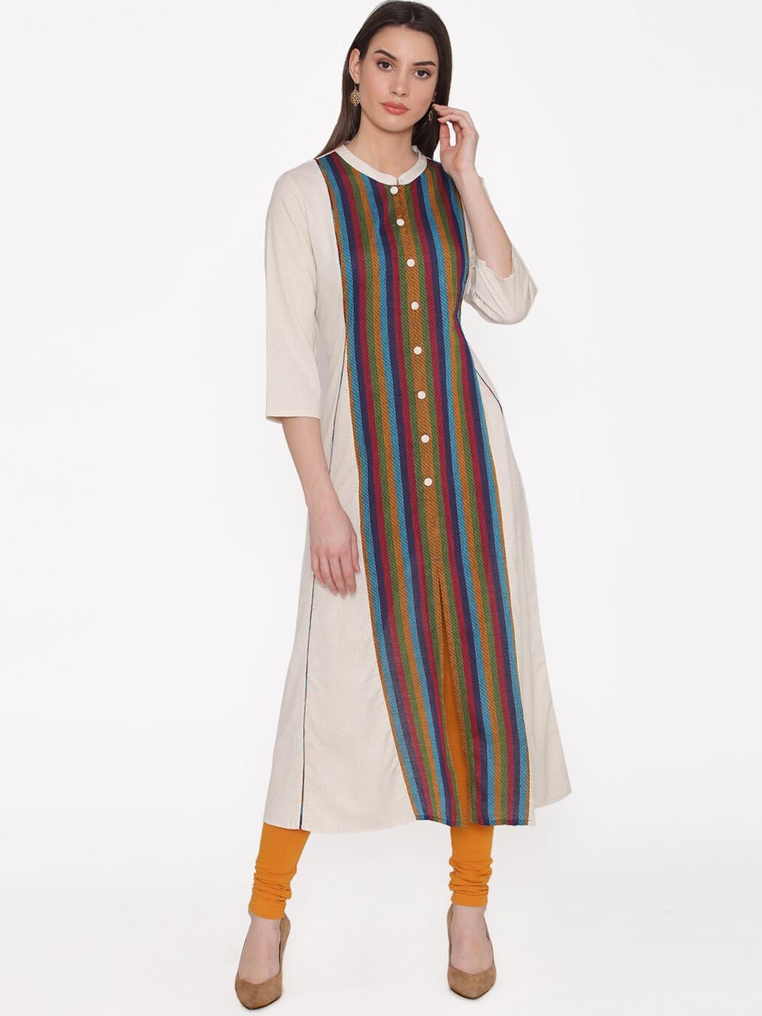 

Kifahari Women Off-White & Yellow Striped Kurta with Churidar & Dupatta