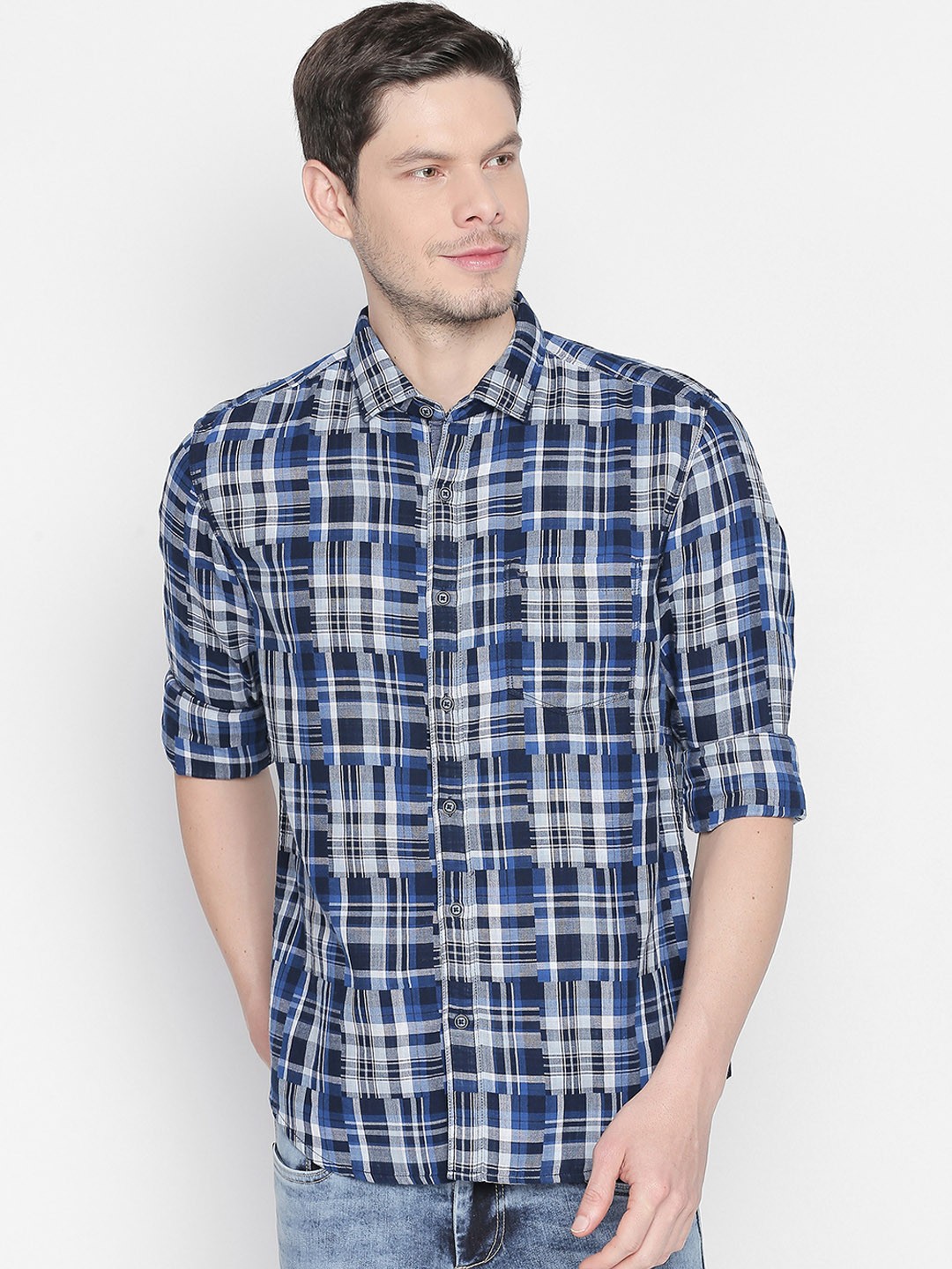 

Basics Men Blue & White Slim Fit Checked Casual Shirt