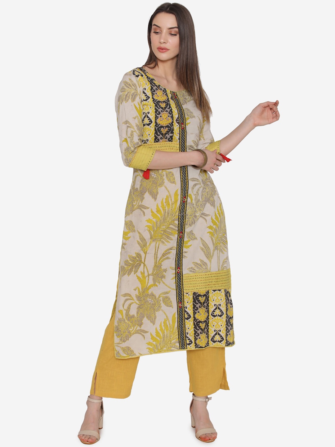 

Kifahari Women Yellow Floral Printed Regular Pure Cotton Kurti with Trousers