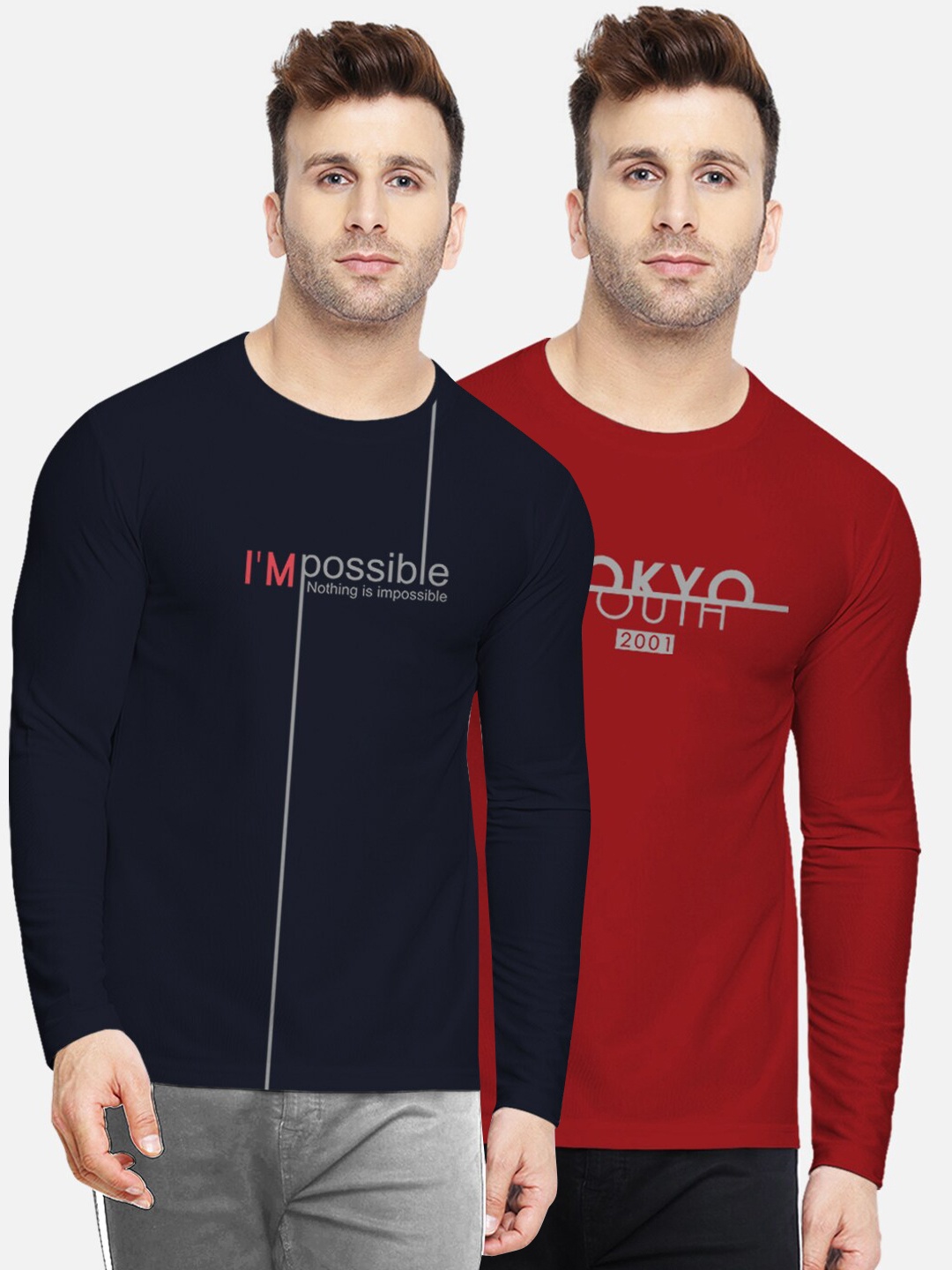 

BULLMER Men Pack Of 2 Printed Round Neck Pure Cotton T-shirt, Navy blue