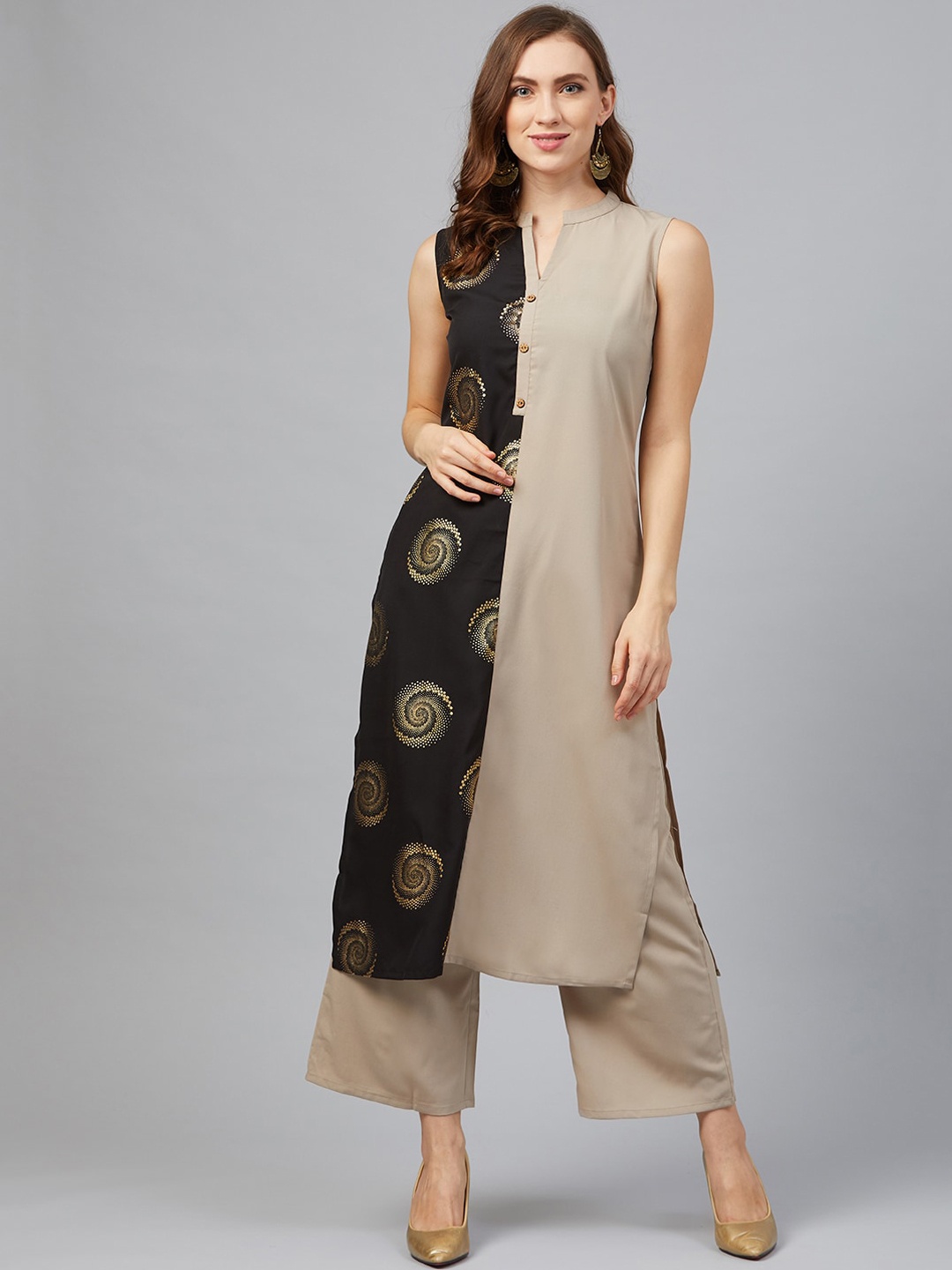 

ZIYAA Women Taupe & Black Foil Printed Straight Kurta