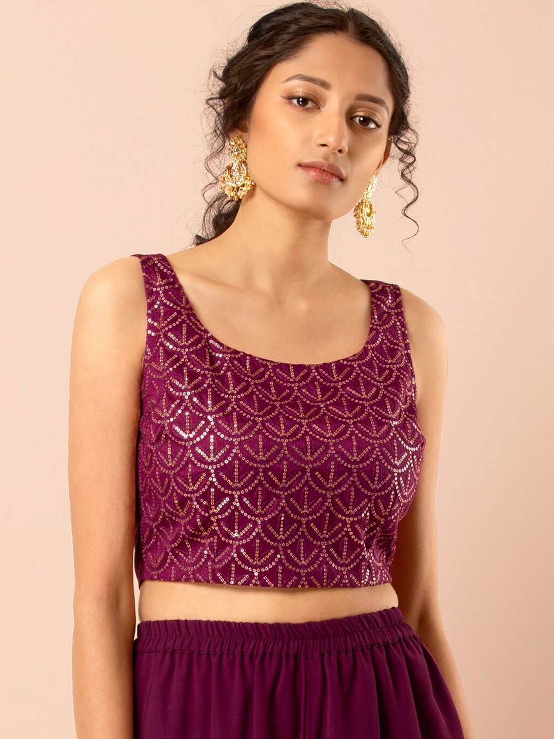 

INDYA Women Purple Self Design Fitted Crop Top