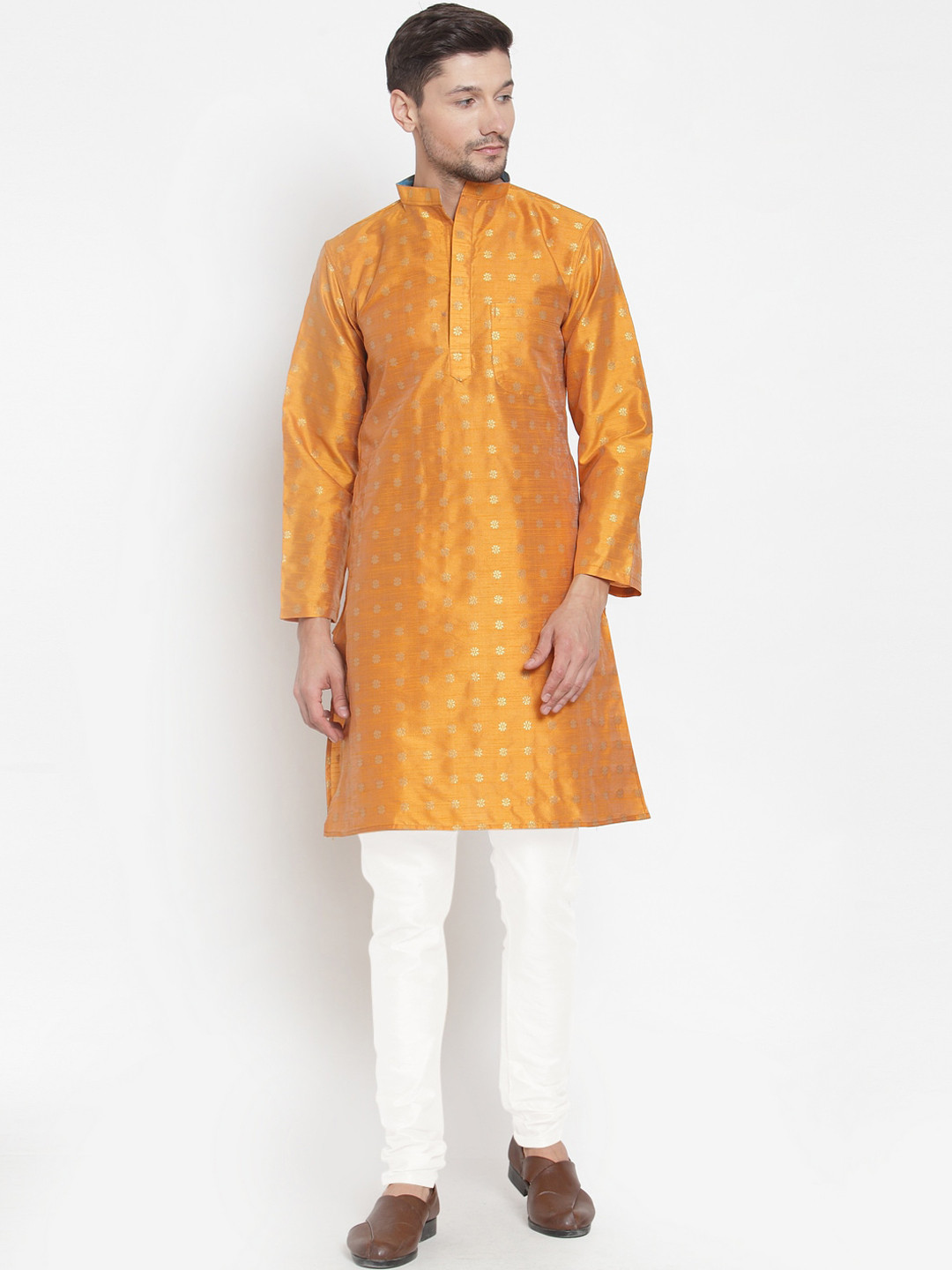 

KLOTTHE Men Mustard Yellow & White Printed Kurta with Pyjamas