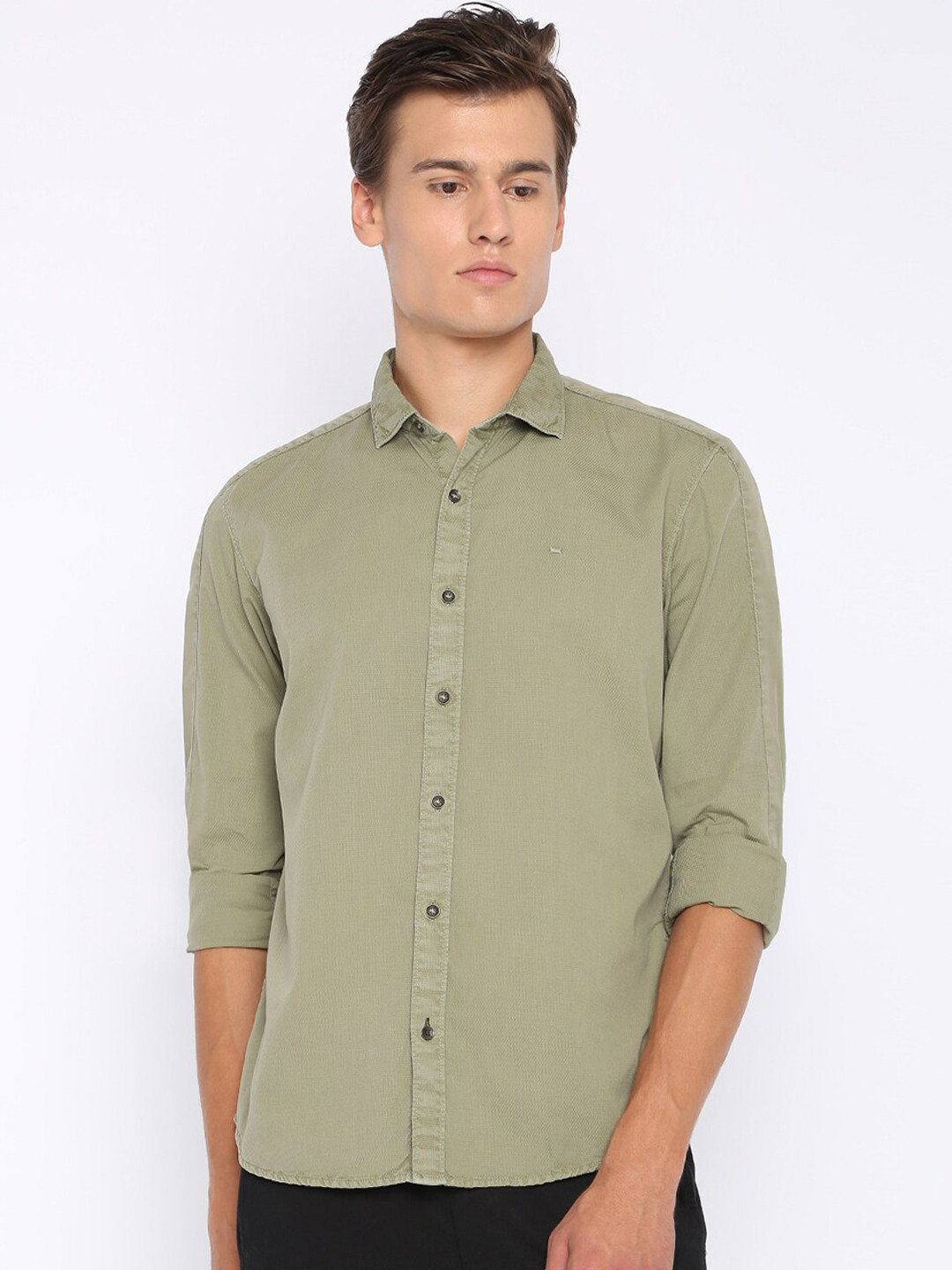 

Basics Men Olive Green Slim Fit Self Design Casual Shirt